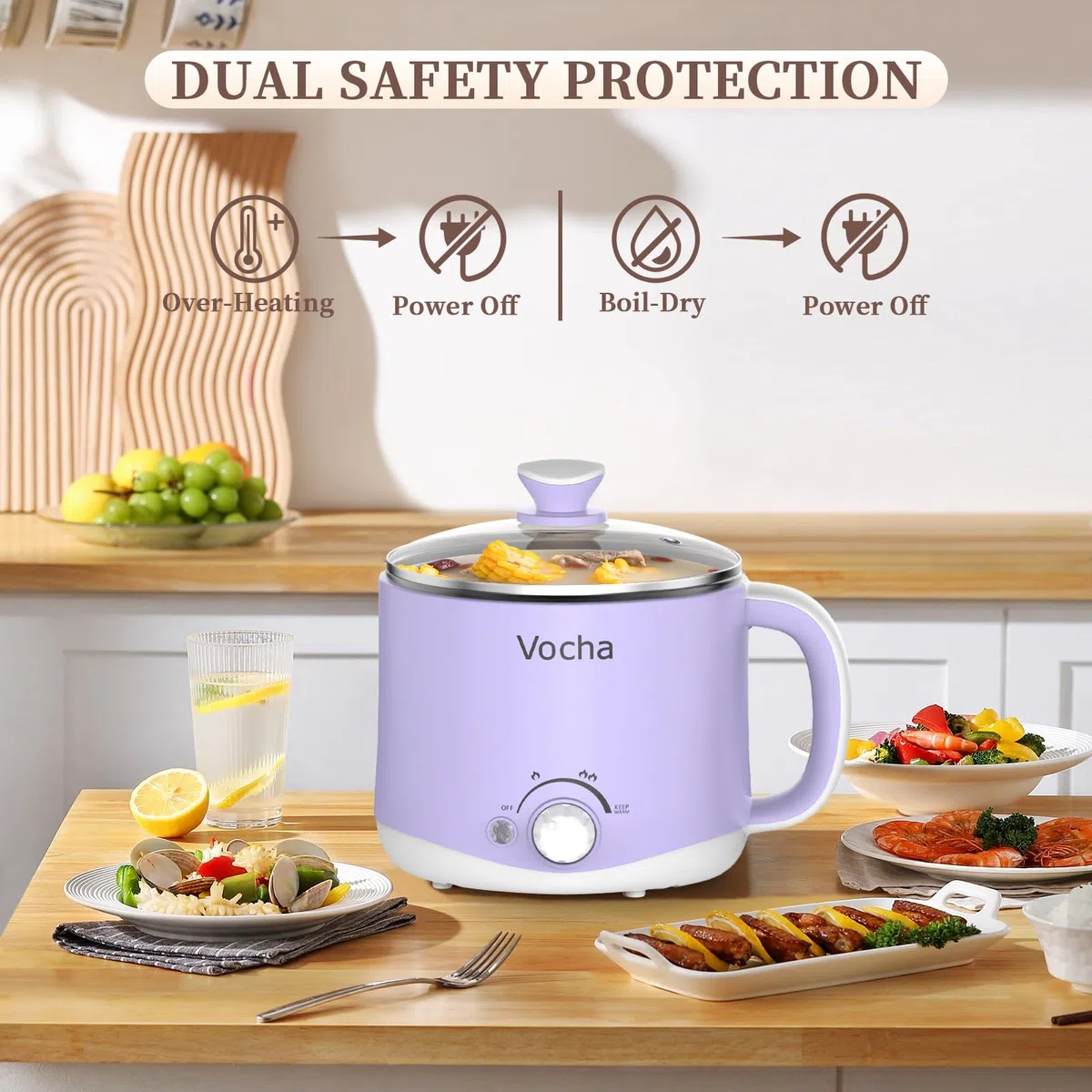 Vocha Elektrische Hot Pot, 1.6L Kleiner Kochtopf mit Warmhaltefunktion, Tragbare Schneller Suppentopf, Multi Reisekocher für Suppe/Ramen/Pasta/Haferflocken/Ei, mit Dual Power (Violet)