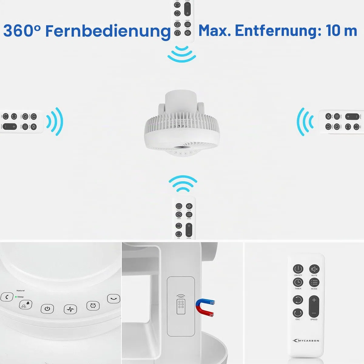 MYCARBON Leiser Ventilator mit Fernbedienung 1800 m³/h ECO-Modus 3D Oszillation 4 Geschwindigkeiten 12 Stunden Timer Tischventilator