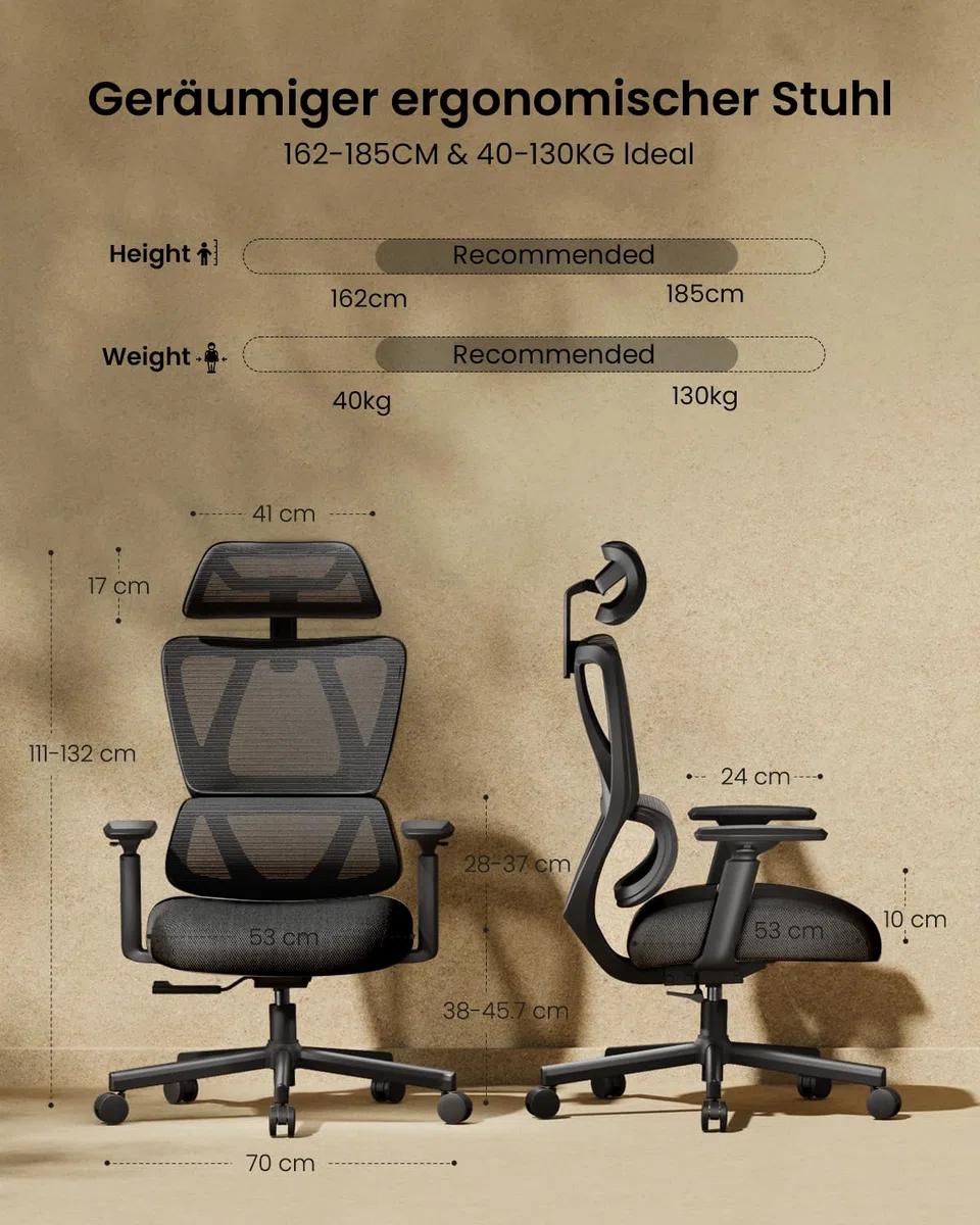 ProtoArc EC100 Ergonomischer Bürostuhl – Computer-Schreibtischstuhl mit 10 cm dickem Federkissen, Lendenwirbelstütze, Verstellbarer Armlehne & Kopfstütze, Mesh-Drehstuhl für Home-Office, Schwarz