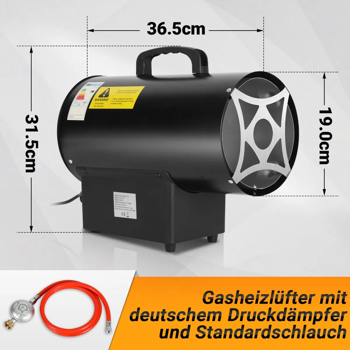 Gasheizgebläse 15 kW Gas Heizgerät inkl Verbindungschlauch und Gasdruckregler 700mbar, Wirksame Fläche: 225m²,für Baustellen, belüfteten Lagerräumen, Garagen usw