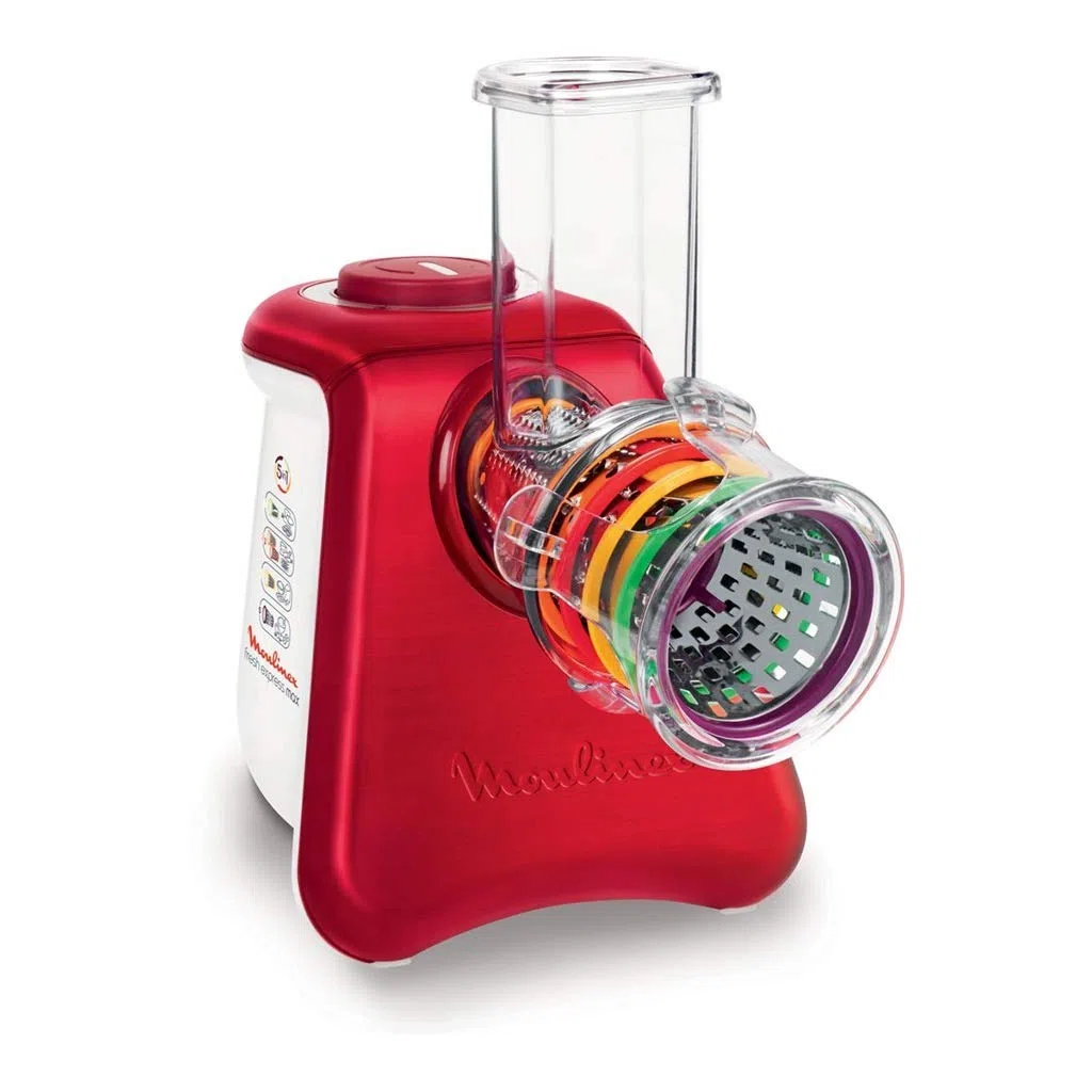 Moulinex dj812510 Reibe und elektrischer Zerkleinerer Fresh Express Max 5 in 1 – Für Reiben, Schneiden/emincer, Kratzen und Design Die den Mixer Eis – Aluminium gebürstet – weiß/rot Rubin