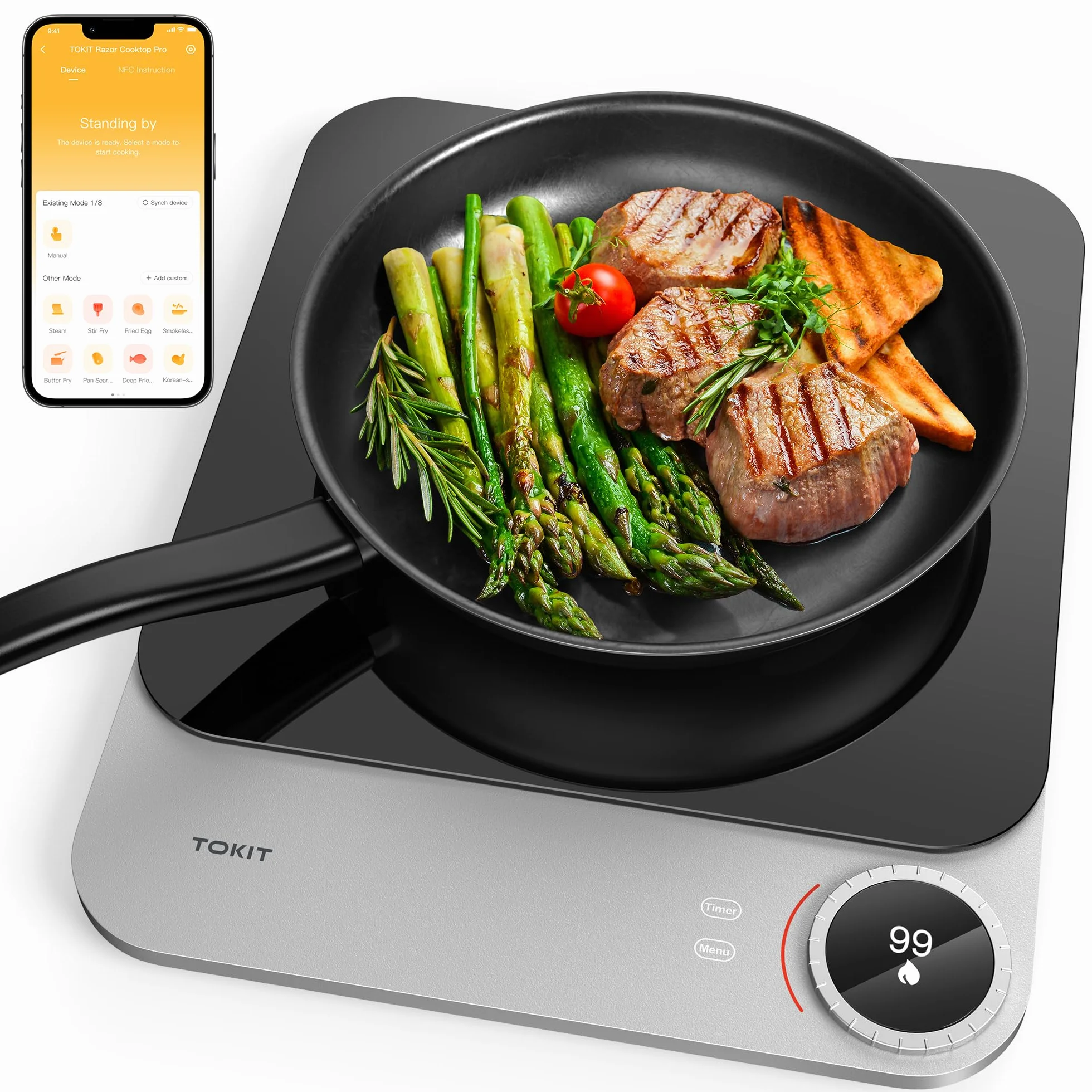 TOKIT Smart Induction Cooker Induktionskochfeld 2100W Einzel Induktionskochplatte tragbar 99 Leistungsstufe mit OLED Display, Timer, 20mm Ultradünn APP Kontrol Temperatursensor