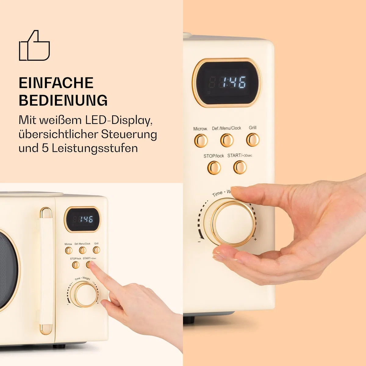 Klarstein Mikrowelle mit Grill, 800 Watt Mikrowelle Klein, 3-in-1Edelstahl-Mikrowelle Creme, Kleine 20 Liter Mikrowelle mit Auftau- und Pizzafunktion, Drehteller, Platzsparend, Einfach zu Bedienen