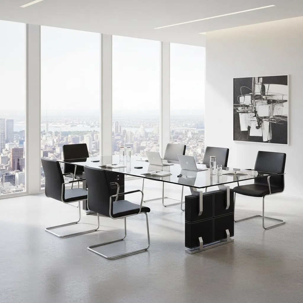 Jet-Line Besprechungstisch Verona Konferenztisch 240 x 120 x 76 cm Schwarz mit Glasplatte aus Sicherheitsglas Kunstlederüberzug Edelstahl Gebürstet