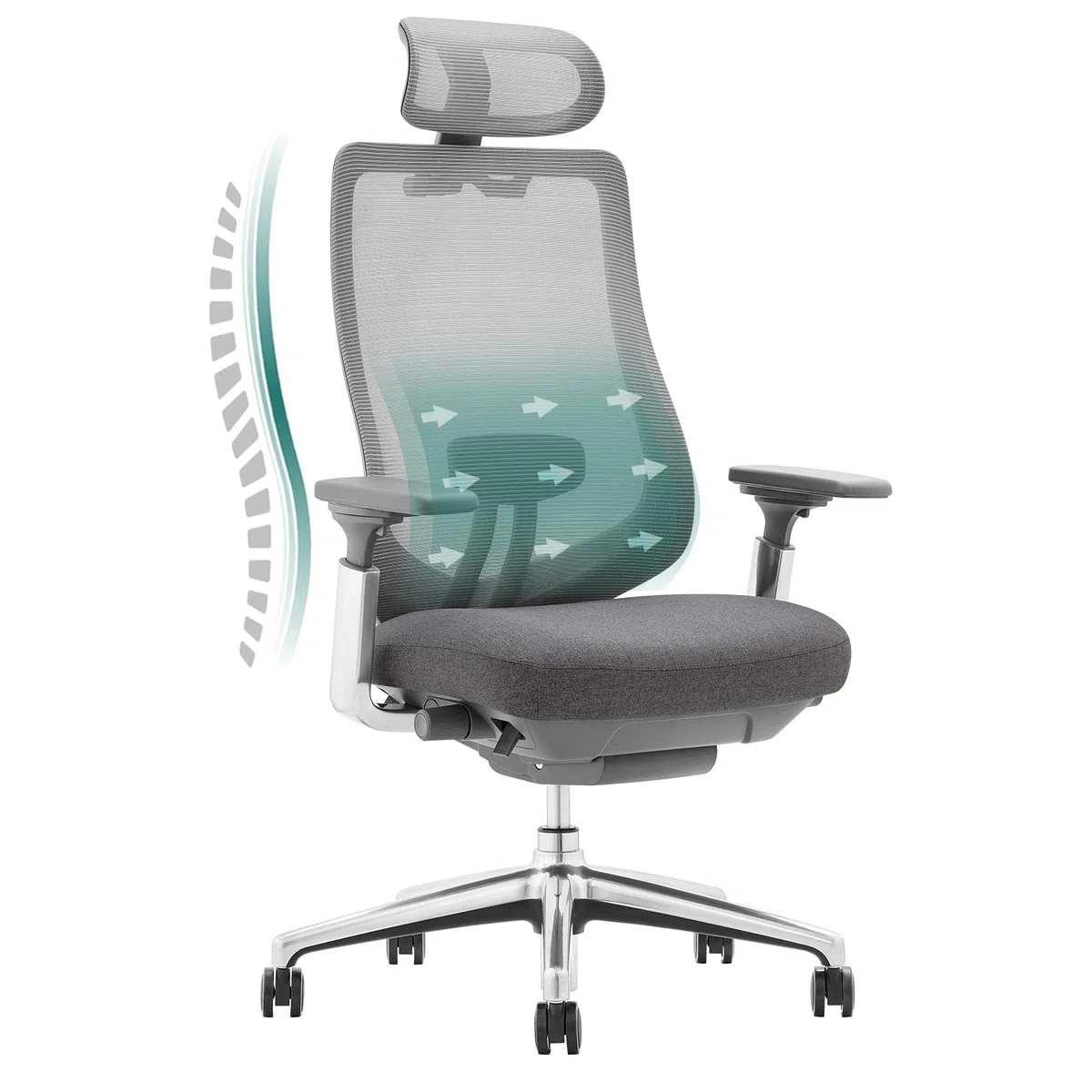 COLAMY XK Atlas Ergonomischer Netz-Bürostuhl, Chefsessel mit hoher Rückenlehne, Verstellbarer Kopfstütze und 4D-Armen, Schiebesitz, Kippsperre, Aluminium-Basis, Dunkelgrau