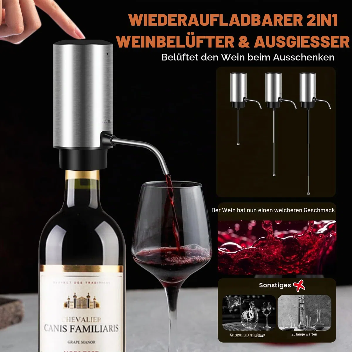 Elektrischer Weinkorkenzieher 4-in-1 Geschenkbox Set mit Automatischer Weindekanter & Weinöffner, Vakuumstopfen, Kapselschneider - USB-C Schnelladung für Weinliebhaber