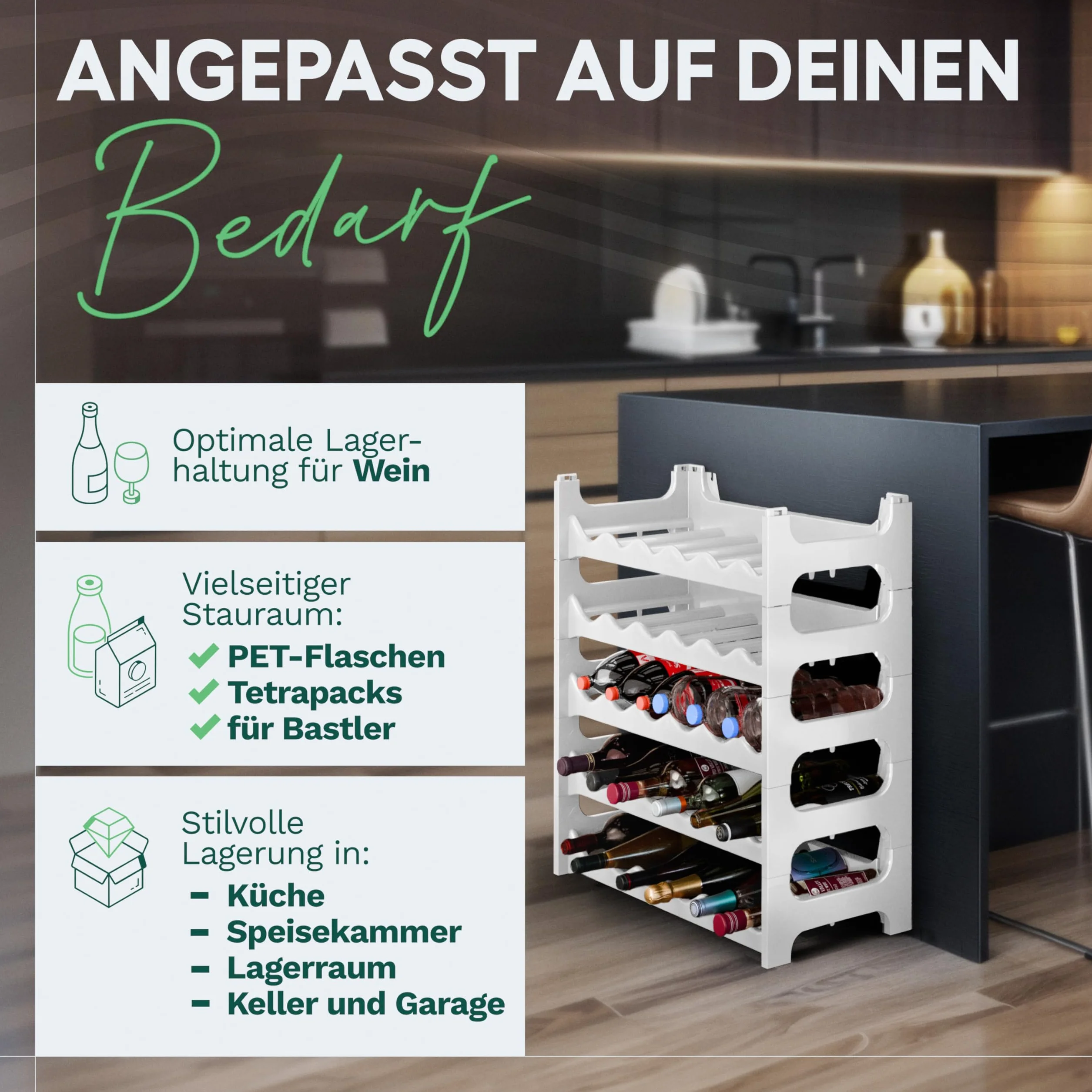 Novaliv Weißes, Modulares Flaschenregal für 72 Weinflaschen - Stapelbar, Erweiterbar, Robust - Ideal für Weinlagerung in Keller, Gastronomie & Zuhause, Getränkeschrank, Weinregal stapelbar
