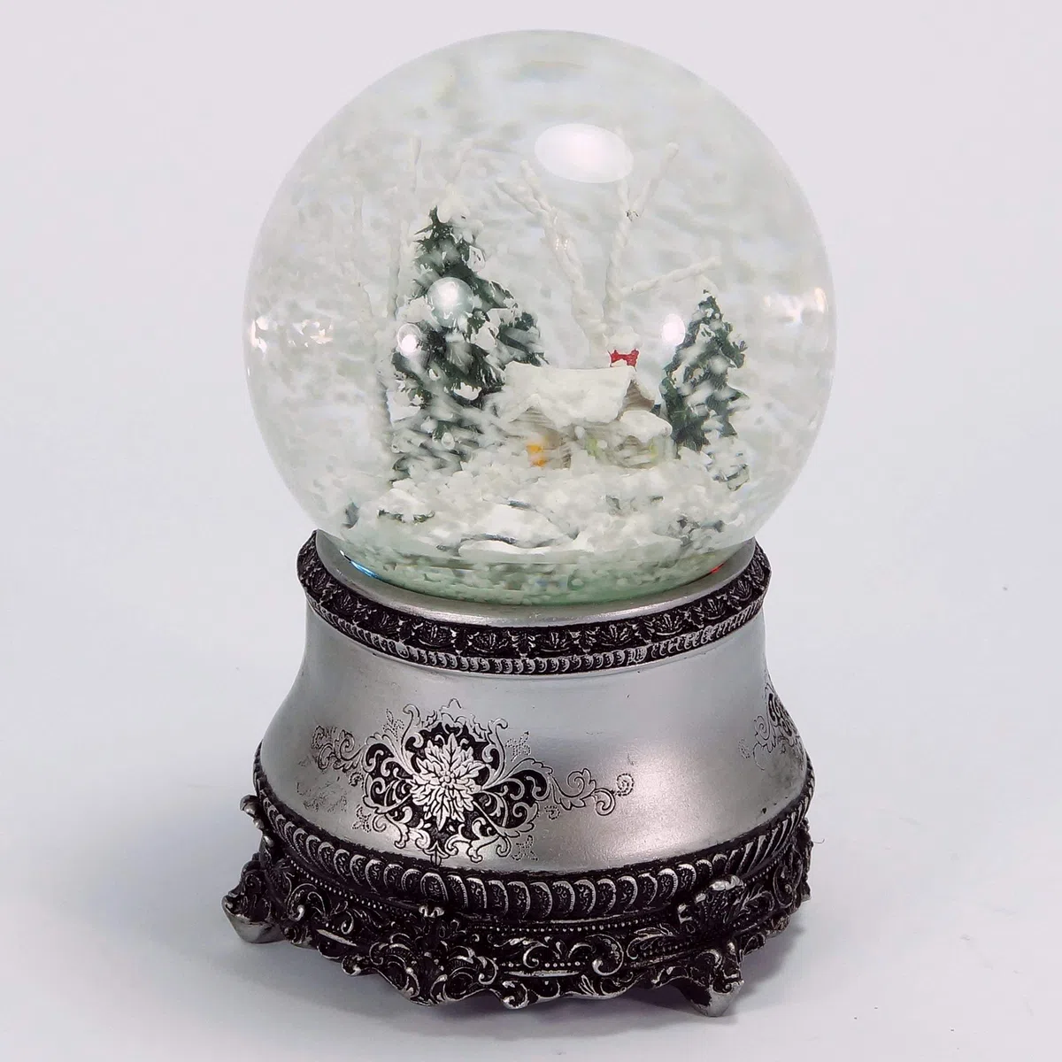 LED Schneekugel Winterwald elektr. Schneewirbel, viele Melodien und Farbwechsel Vintage