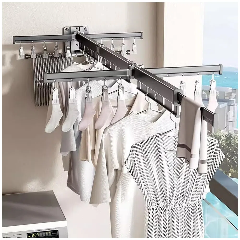 Hggzeg Wäscheständer zur Wandmontage, einziehbares Regal mit Haken, um 360 ° drehbar, dreifach, zusammenklappbar, für Balkon, Waschküche, Badezimmer (Bleigrau)