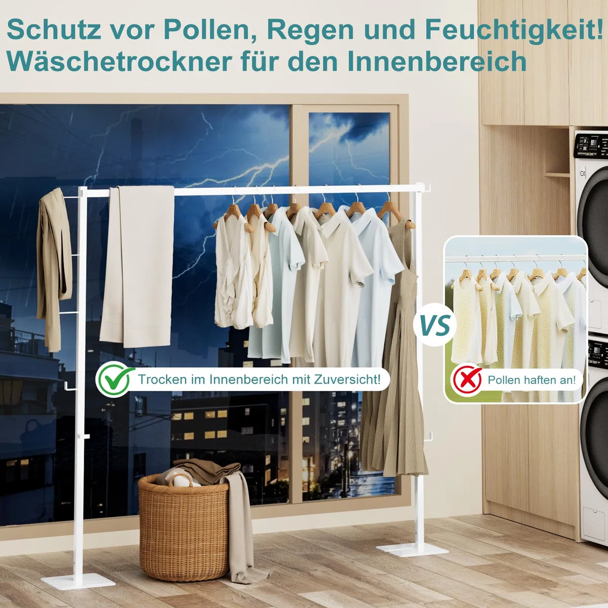 JAUREE Faltbarer Wäscheständer für innen/außen, platzsparend freistehender kompakter Standtrockner, Wäschestange für Bettlaken, Trockenständer, weiß