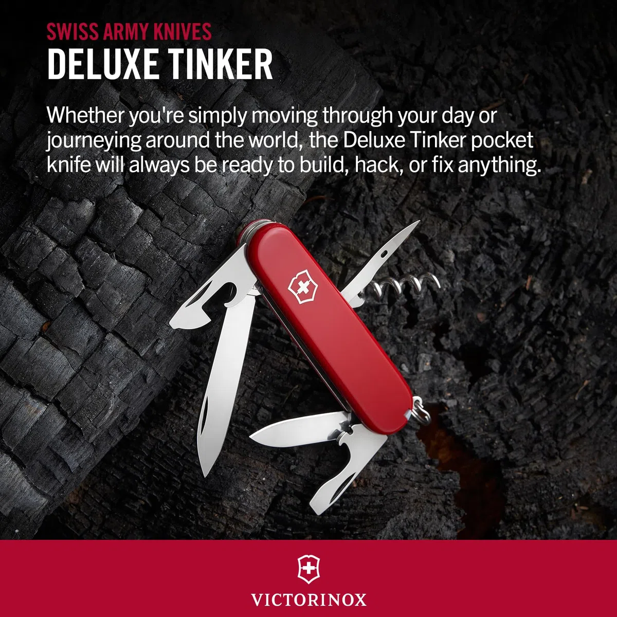 Victorinox Schweizer Taschenmesser, Deluxe Tinker, Multitool, 17 Funktionen, Klinge, gross, Dosenöffner, Schraubendreher 3 mm, Rot