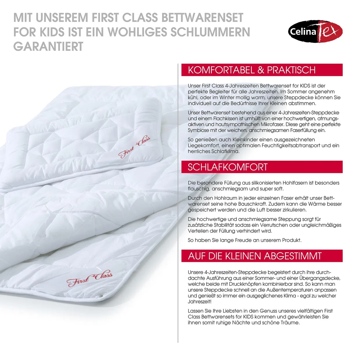 CelinaTex First Class Kinder Bettdecke 100 x 135 cm 4 Jahreszeiten Decke Set mit Kopfkissen 40 x 60 cm Kinder Steppdecke Kinderdecke