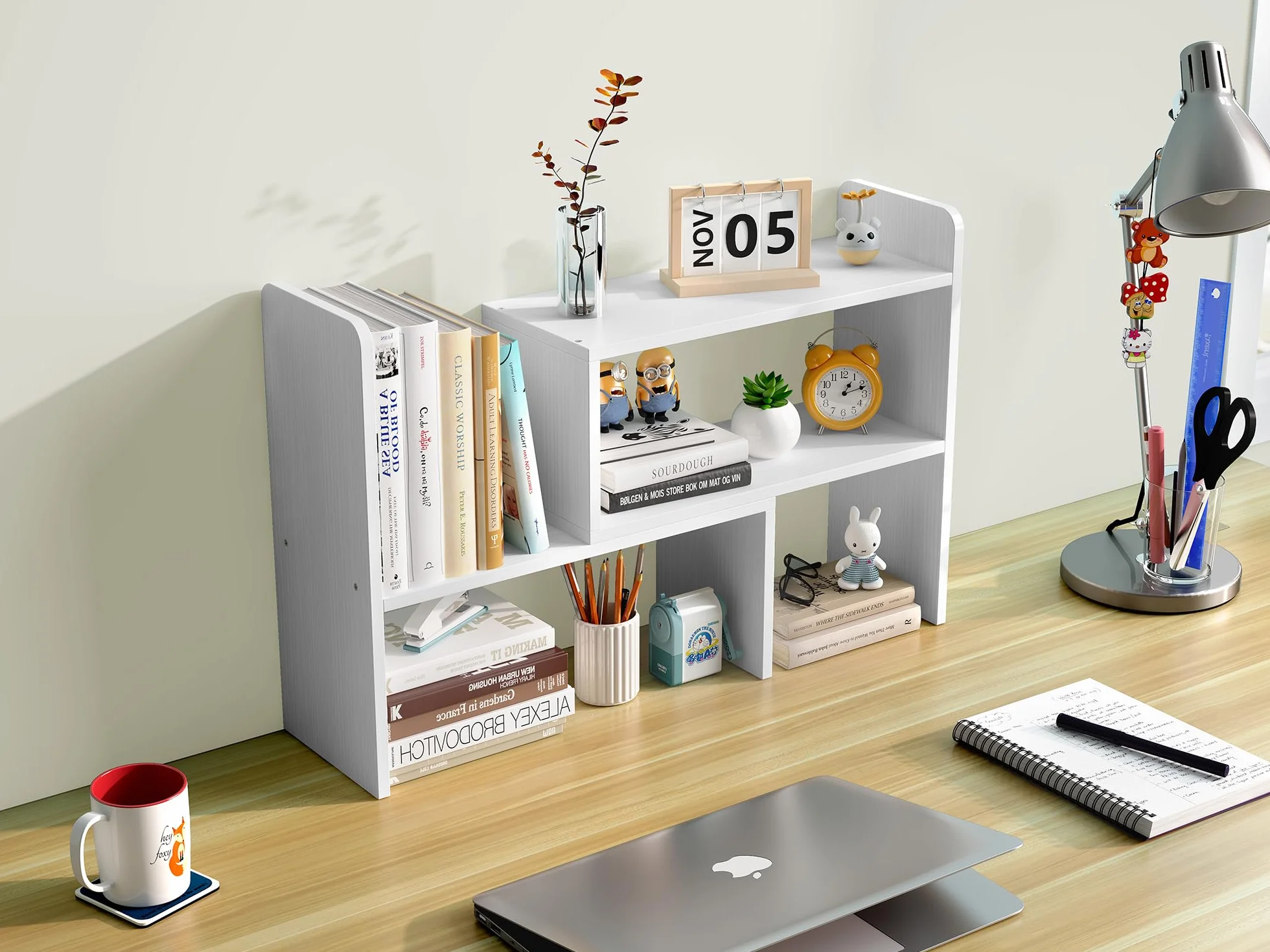 EasyPAG Schreibtisch Regal Holz Freistehend Kleines Bücherregal Verstellbar Schreibtisch Organizer Ständer Bürobedarf Ablage Display Regal,Weiß