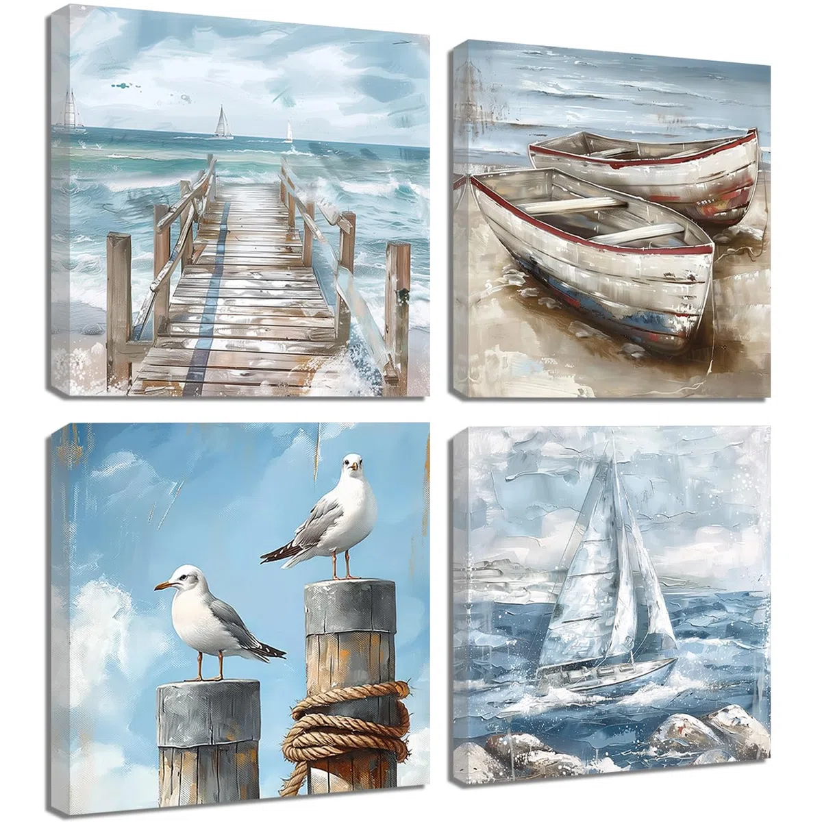 ZQQART Küsten Leinwanddrucke 4 teilig blauer Strand Leuchtturm Boot Möwe Meereslandschaft Wanddekoration (30x30cmx4)