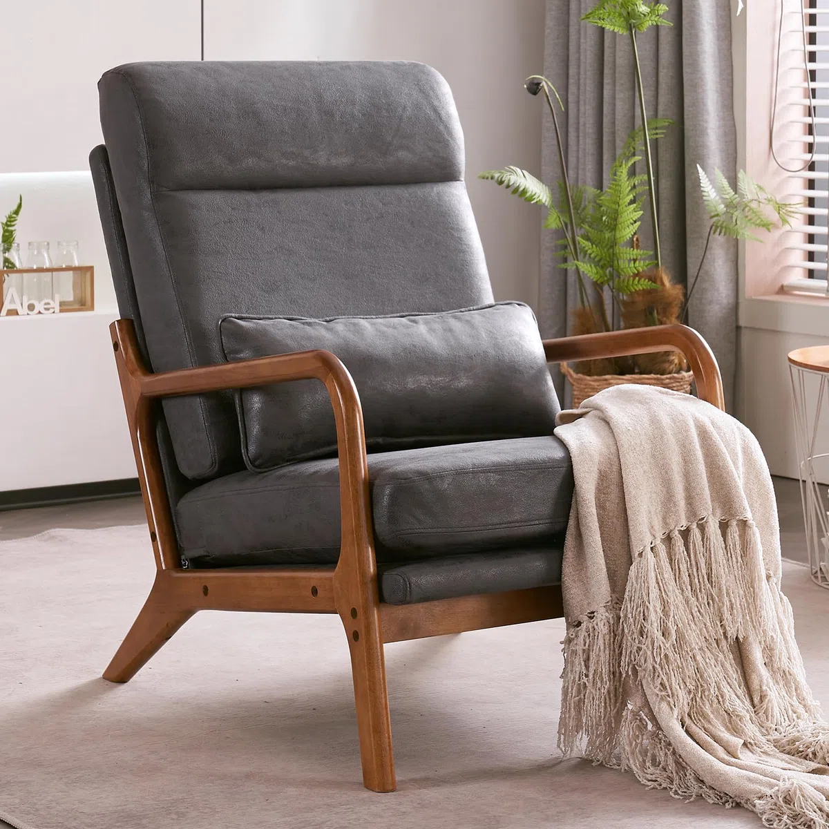 LEADZM Sessel Loungesessel, Armlehnstuhl Armlehnensessel Polstersessel, Armlehnen mit Massivholzrahmen, Lesesessel, Relaxsessel für Wohnzimmer, Schlafzimmer (Dunkelgrau)