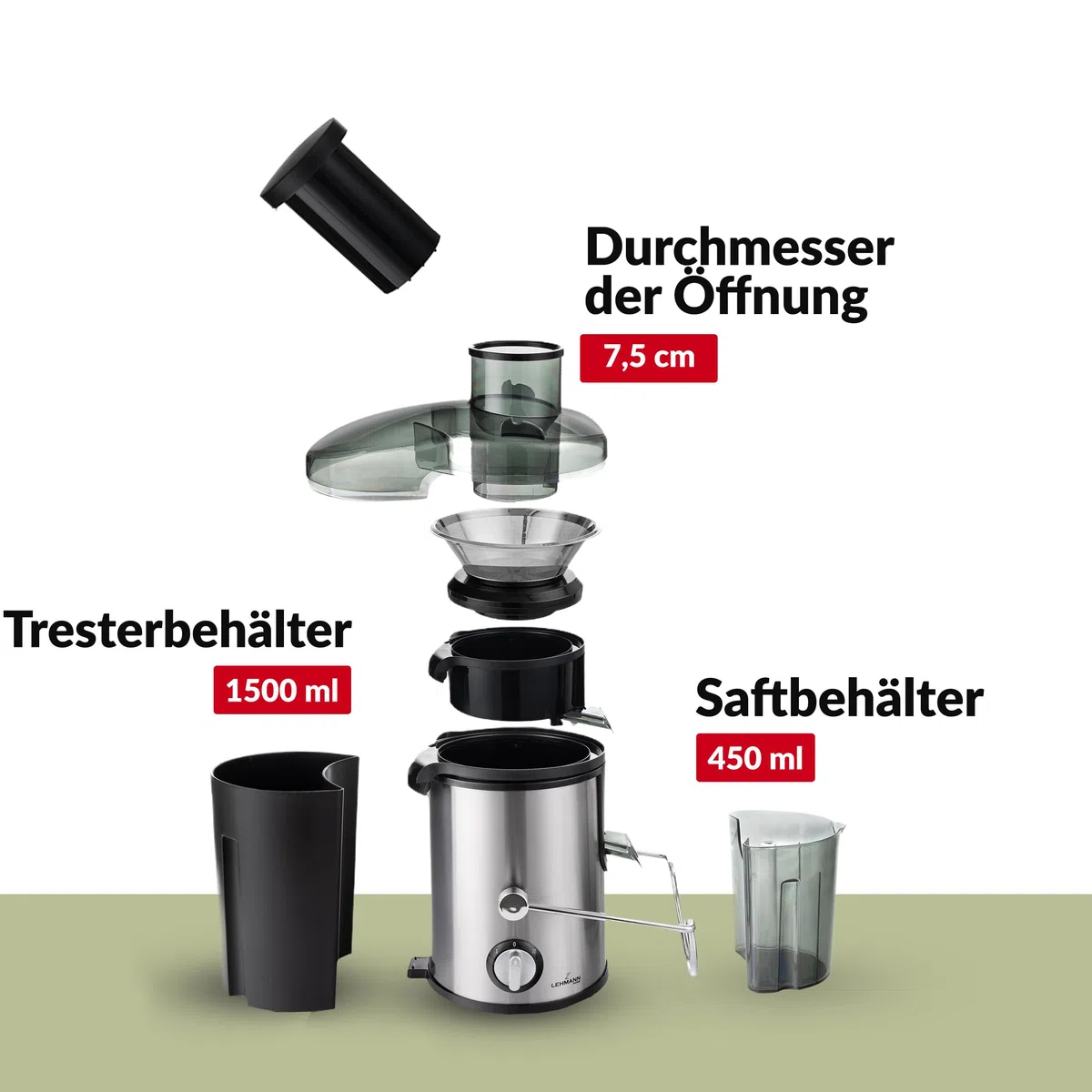 LEHMANN Zentrifugal Entsafter für Obst und Gemüse, Schnelle Saftzubereitung, 75 mm Einfüllschacht, BPA-frei, 2 Geschwindigkeiten, Leicht zu reinigen, elektrische Saftmaschine aus Edelstahl
