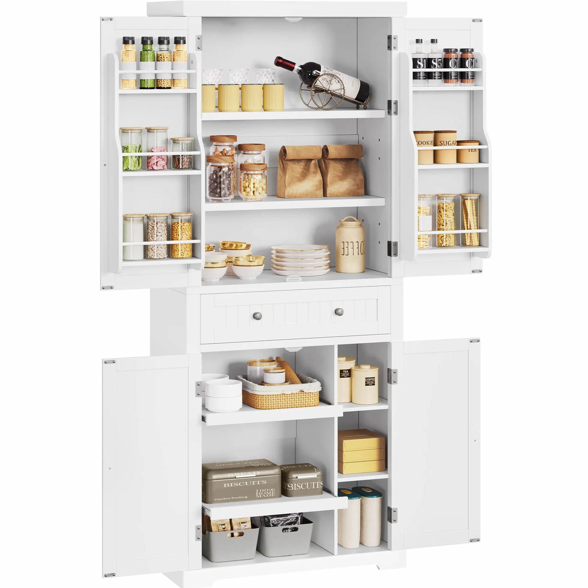 YITAHOME Küchenschrank, 182.5CM Hochschrank Küche Vorratsschrank, Buffetschrank mit Verstellbaren Ablagen, Esszimmerschrank mit Schubladen, für Wohnzimmer Küche