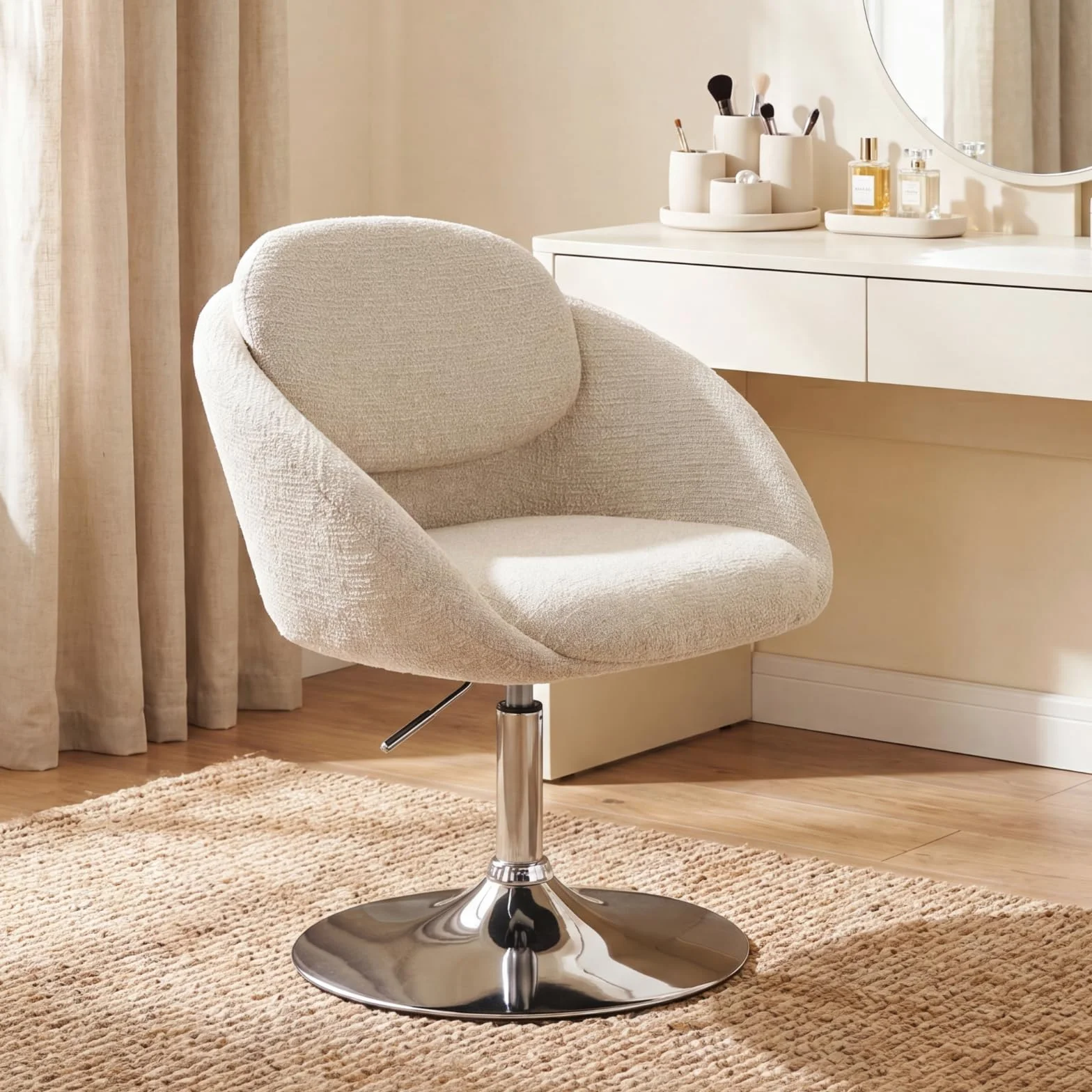 Ya-Home Schminktisch Stuhl, Loungesessel Sessel Wohnzimmer 360°Drehbar Barhocker Höhenverstellbar, Schminkstuhl Ohrensessel Polsterhocker aus Chenille für Schlafzimmer Arbeitszimmer Büro, Beige