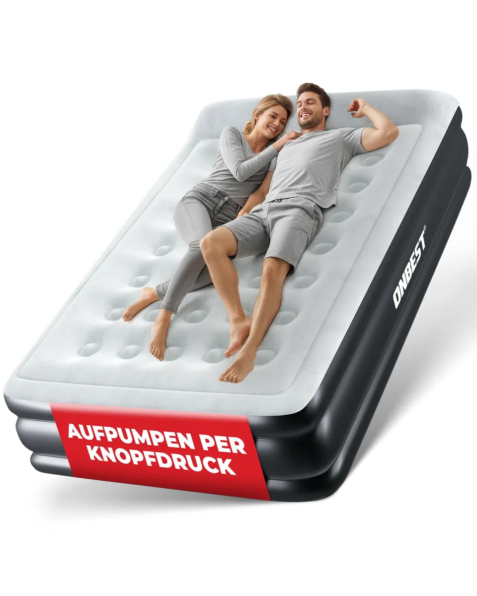 Onbest Luftbett selbstaufblasend – für 2 Personen – 203 x 152 x 46 cm -Luftmatratze mit elektrischer Pumpe – aufblasbares Gästebett in 3-5 Minuten – integriertes Kopfkissen (Schwarz)