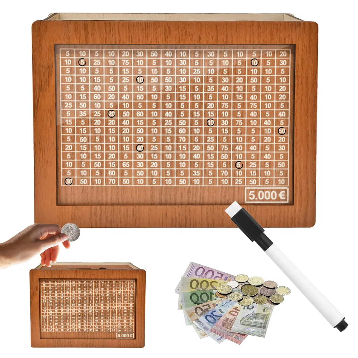 Spardose aus Holz, spardose mit zähler, sparbox mit Zahlen ankreuzen, sparschwein aus Holz mit zähler, Wiederverwendbare Spardose, für Erwachsene und Kinder mit Sparziel (5000€)