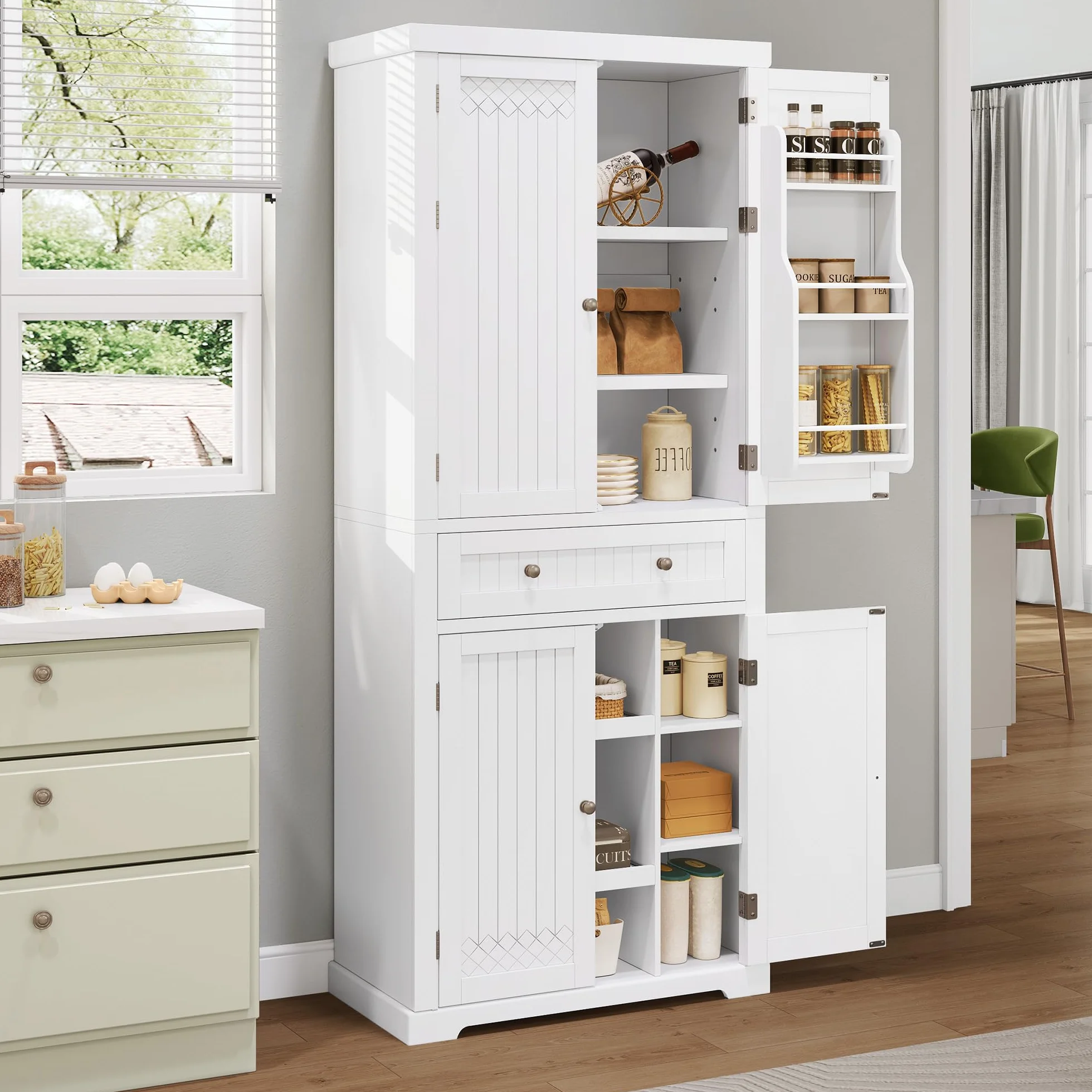 YITAHOME Küchenschrank, 182.5CM Hochschrank Küche Vorratsschrank, Buffetschrank mit Verstellbaren Ablagen, Esszimmerschrank mit Schubladen, für Wohnzimmer Küche