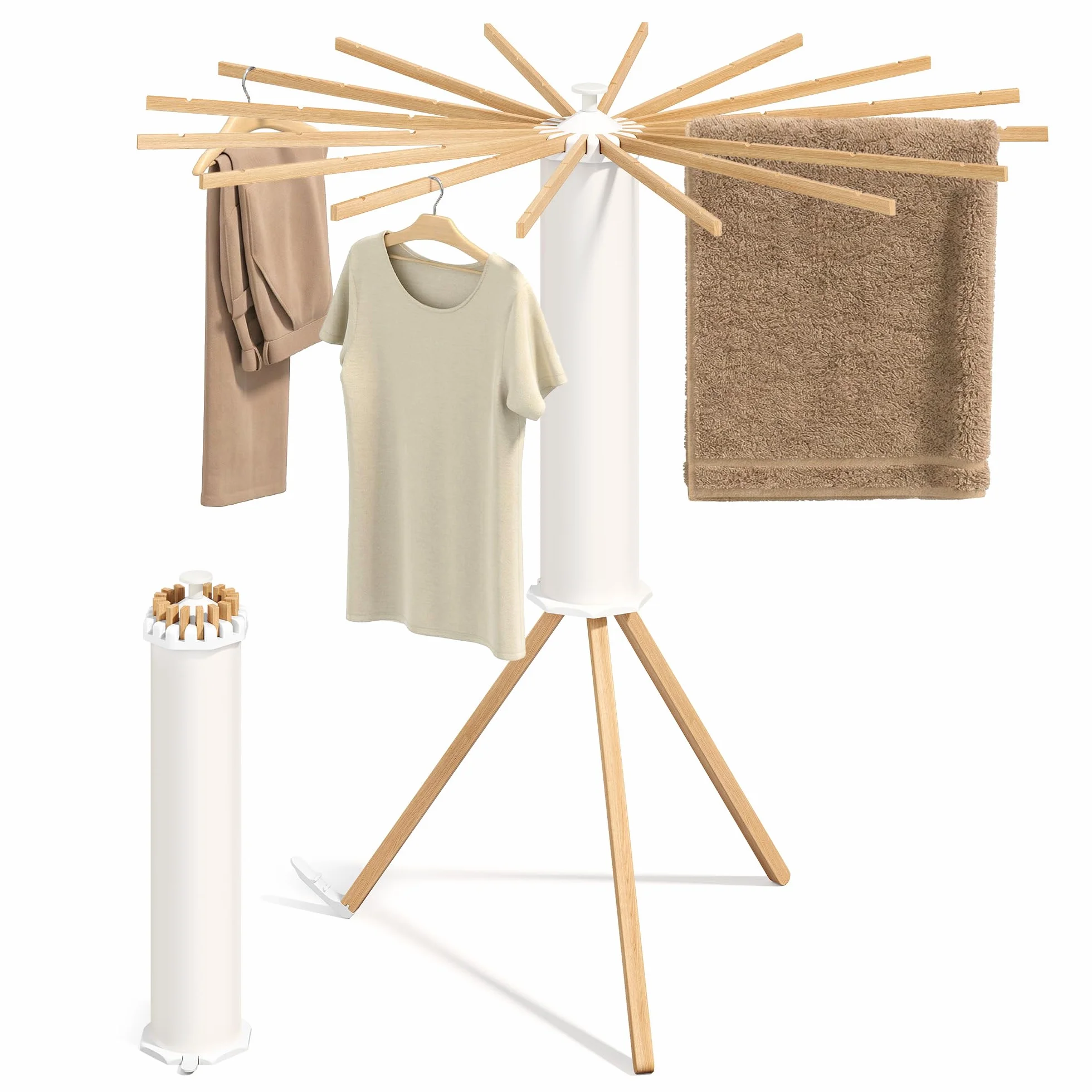 SONGMICS Wäscheständer klappbar, Wäschespinne tragbar, 16 Arme aus Holz, naturfarben LLR530YW01
