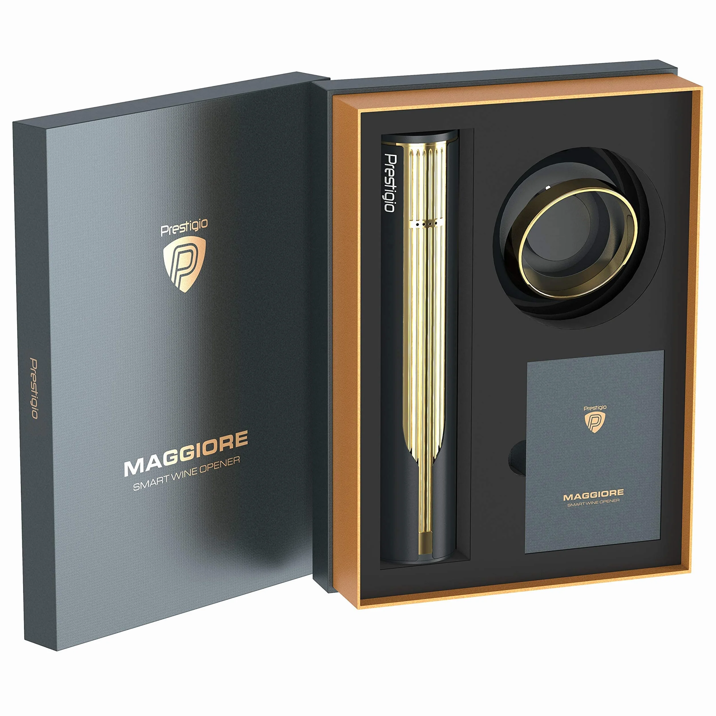 Prestigio Maggiore Elektrischer Korkenzieher - Premium Wein Flaschenöffner mit Ladestation - Integrierter Folienschneider - Verpackt in hochwertiger Geschenkbox - Schwarz/Gold