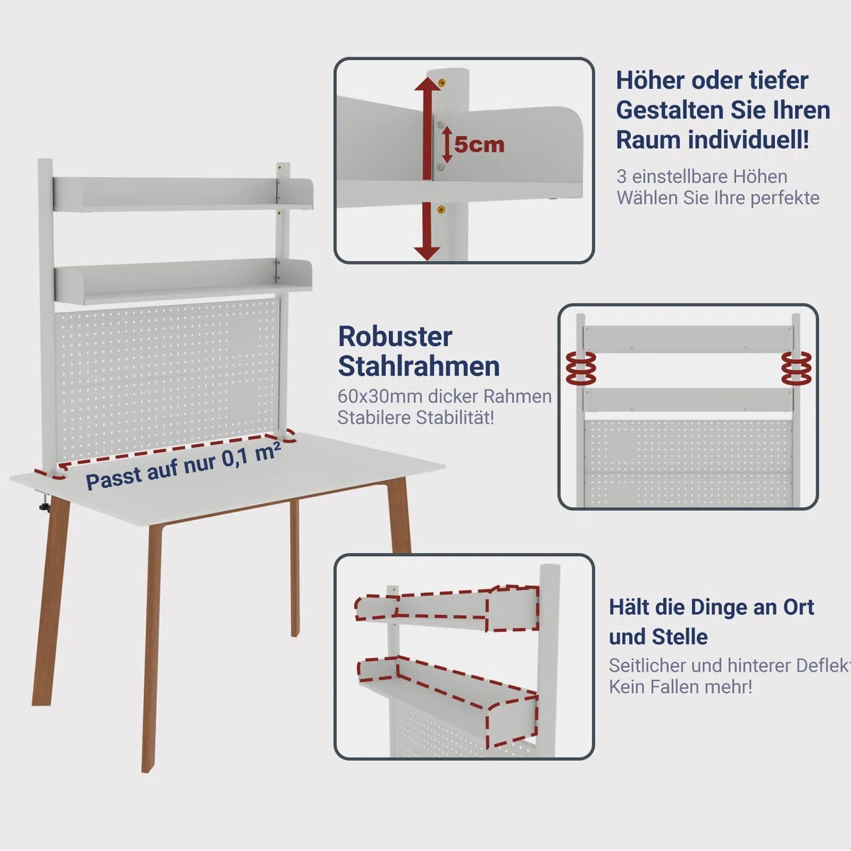 Schreibtischregal mit 2 Ebenen, zum Anklemmen, weiß, 100 cm, Bücherregal mit Lochwand, Aufbewahrungsorganisator für Zuhause, Büro oder Wohnheim