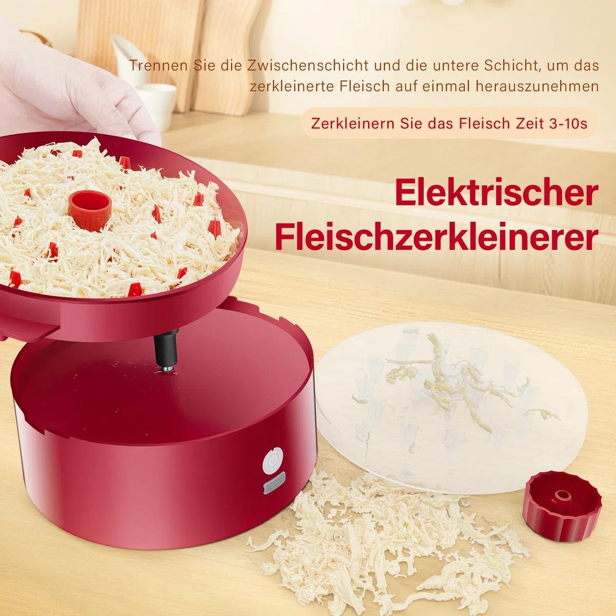 Automatischer Elektrischer Hähnchen-Zerkleinerer|Typ-C Schnellladung & 60min Laufzeit|8"/20CM sichtbare Zerkleinerungskammer mit Bürste/Gabel|BPA-frei spülmaschinenfest|für Meal Prep (Rot)