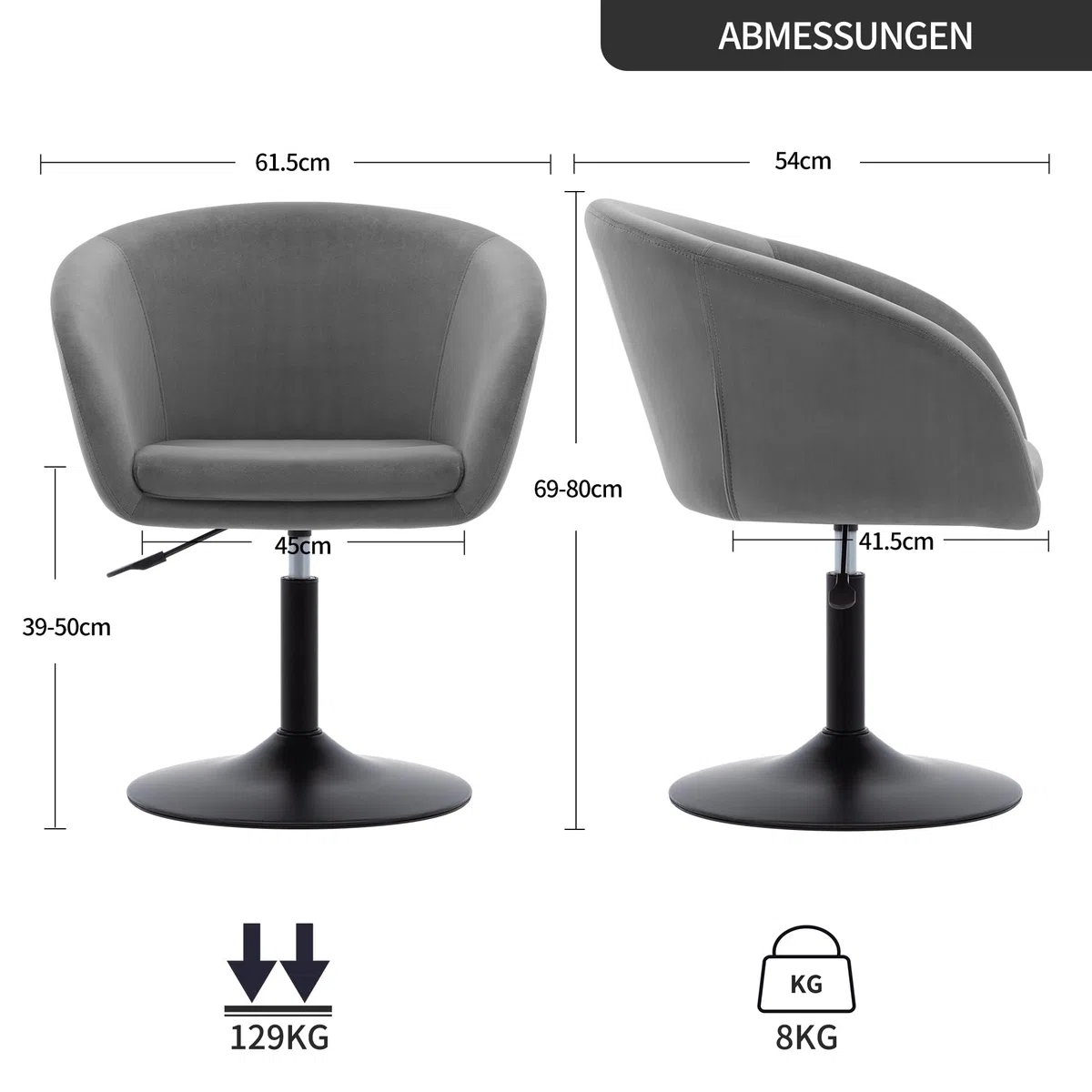 Duhome Schminkstuhl Höhenverstellbar, Lounge Sessel aus Samt Drehbar Cocktailsessel Drehstuhl mit Armlehne für Wohnzimmer Esszimmer Schlafzimmer, Grau