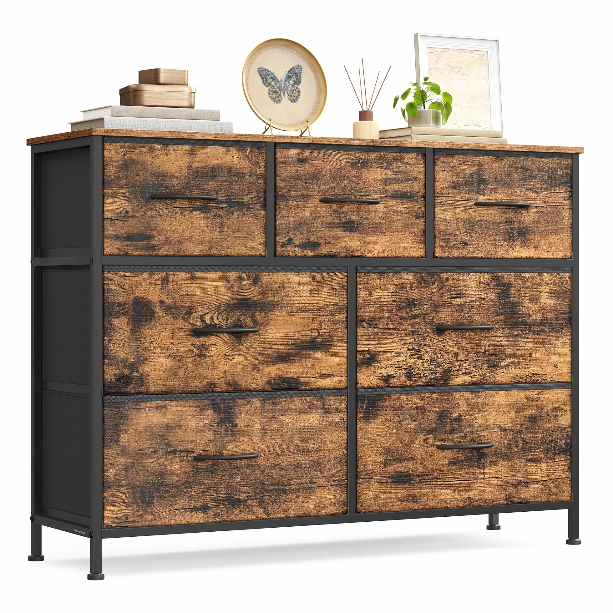 SONGMICS BELLAH Kollektion - Kommode, Schrank, Aufbewahrungsschrank, Stahl, für Schlafzimmer, Flur, Wohnzimmer, 7 Schubladen, Industrie-Stil, vintagebraun-tintenschwarz LGS323BH04