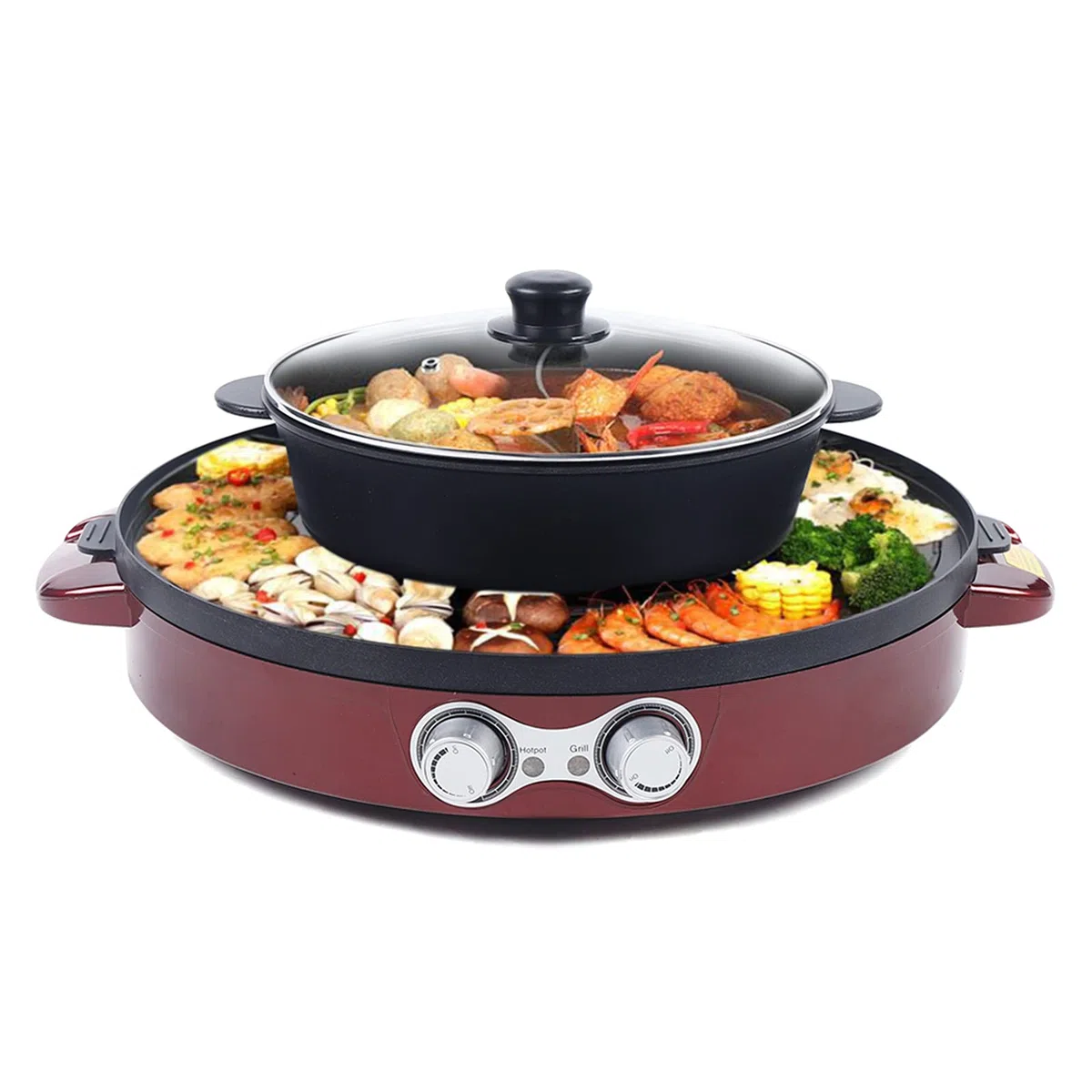 2200W Hot Pot Elektrisch Hotpot Topf 220V Elektrogrill 2 in 1 Multifunktion Elektrische Grill Hot pot mit Abnehmbar Kochplatte, Elektrische Hot Pots für Wohnheim Zuhause (Rot)