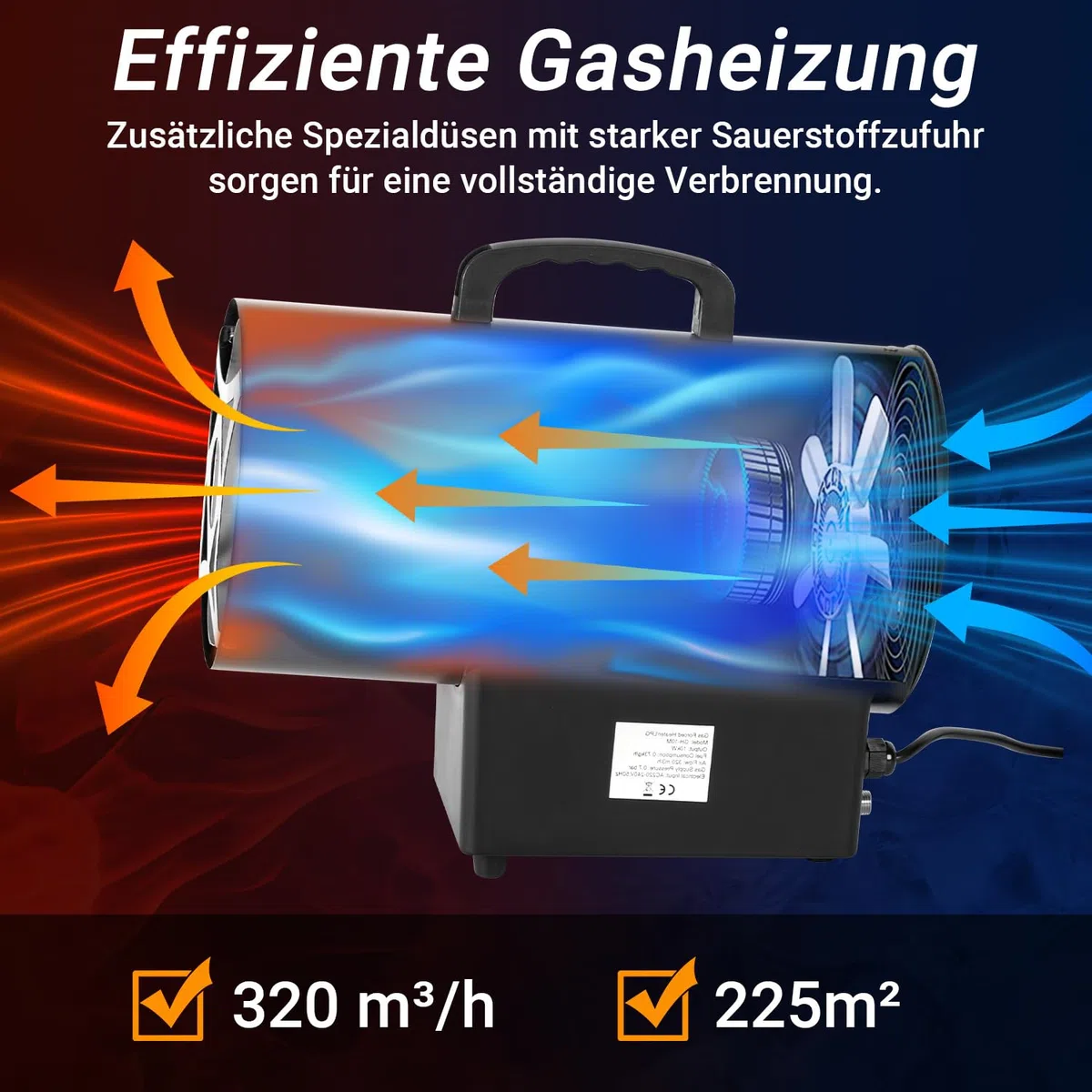 Gasheizgebläse 15 kW Gas Heizgerät inkl Verbindungschlauch und Gasdruckregler 700mbar, Wirksame Fläche: 225m²,für Baustellen, belüfteten Lagerräumen, Garagen usw