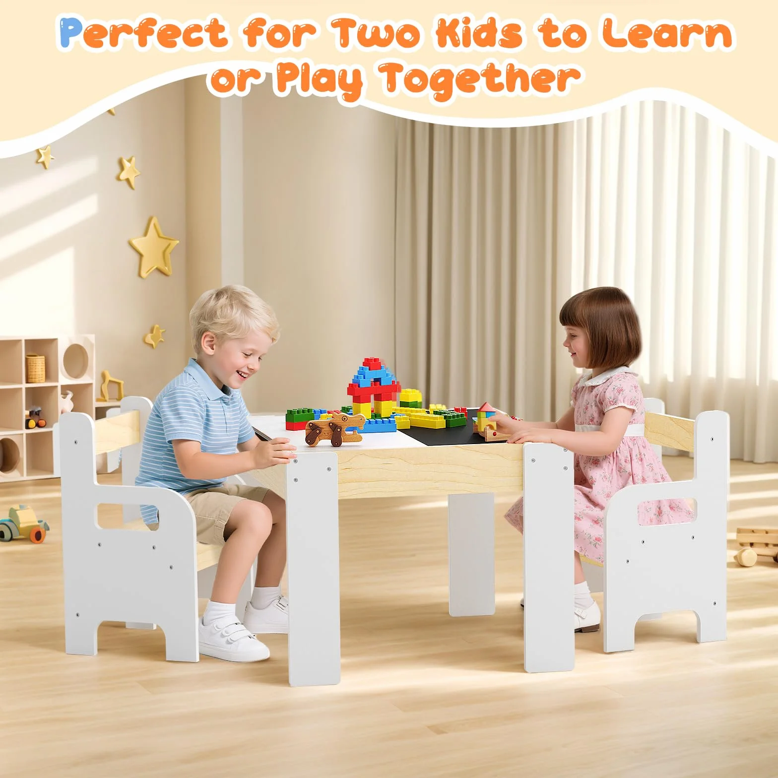 Kindertisch Stuhl Set mit 2 Stühlen, Multifunktionaler Spieltisch mit Tafel, Holz Lernmöbel mit Stauraum, Ergonomischer Kindertisch für Lernen Malen Spielen Weiß Naturholz