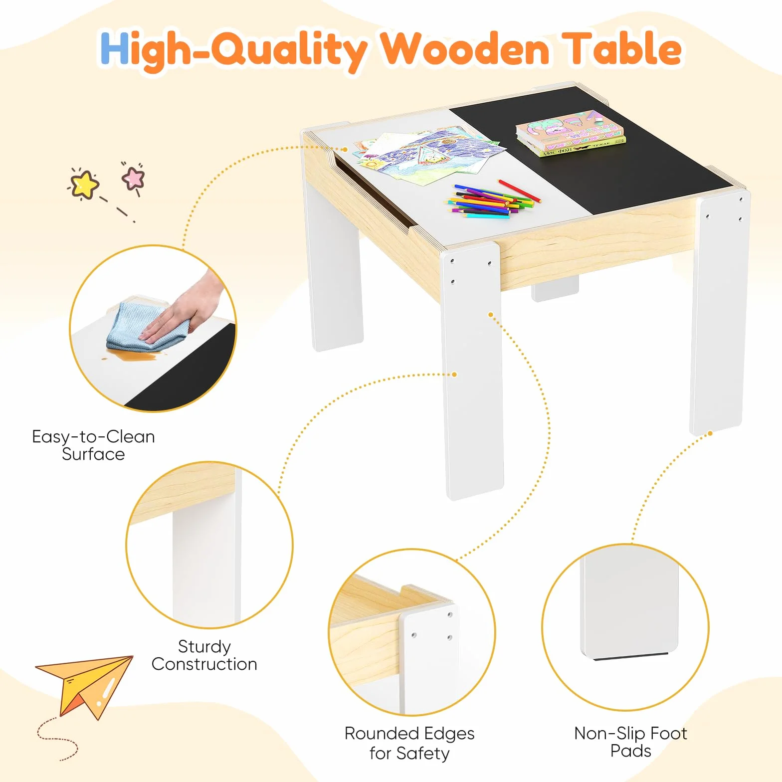 Kindertisch Stuhl Set mit 2 Stühlen, Multifunktionaler Spieltisch mit Tafel, Holz Lernmöbel mit Stauraum, Ergonomischer Kindertisch für Lernen Malen Spielen Weiß Naturholz
