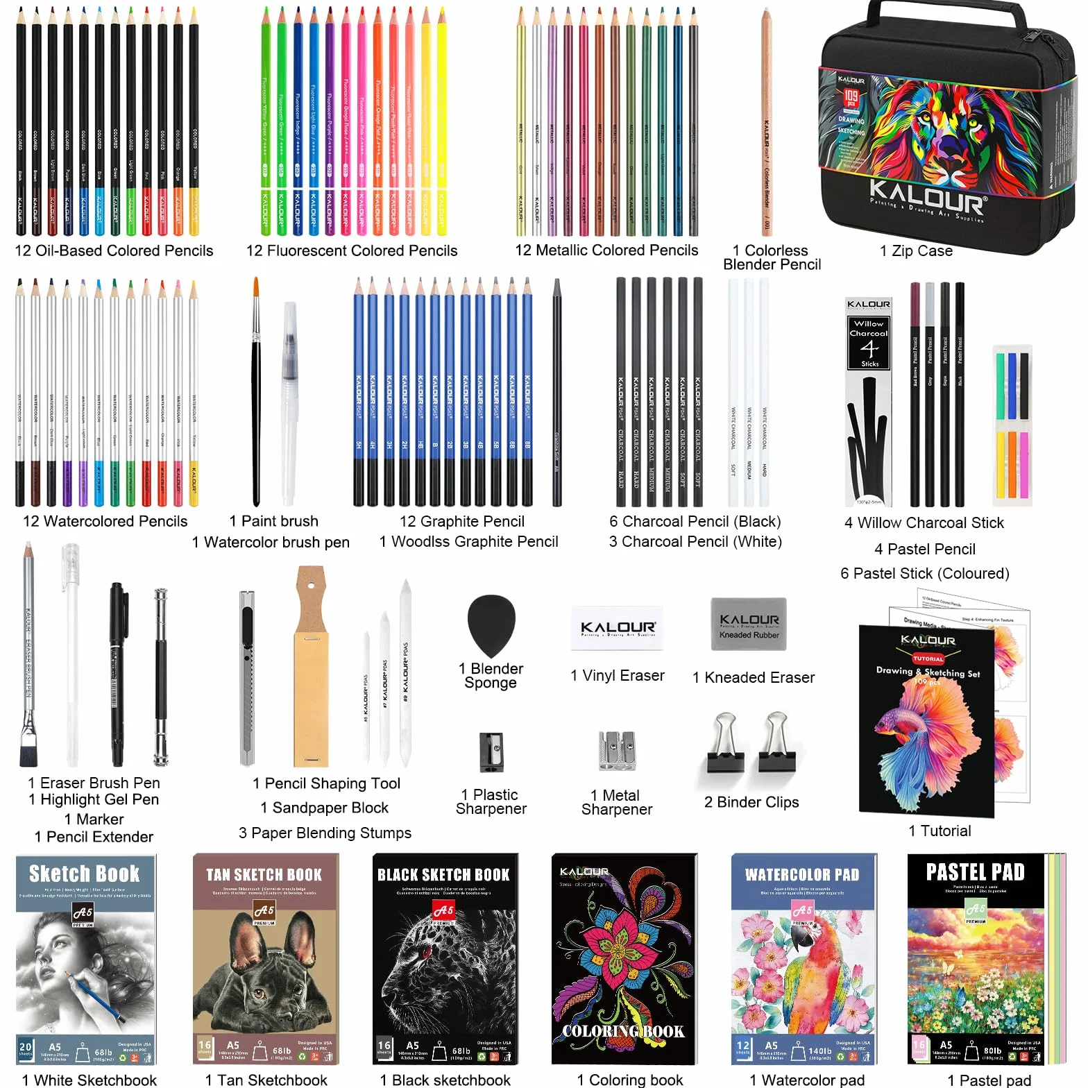 KALOUR PDAS 109 Zeichen Set Skizzenset, Pro Kunstbedarf mit Neon-, Farbstiften, Aquarell-, Metallic-, Graphit- und Kohlepenseln, 6 Skizzenbüchern und Malbuch, Geschenk für Erwachsene, Teenager