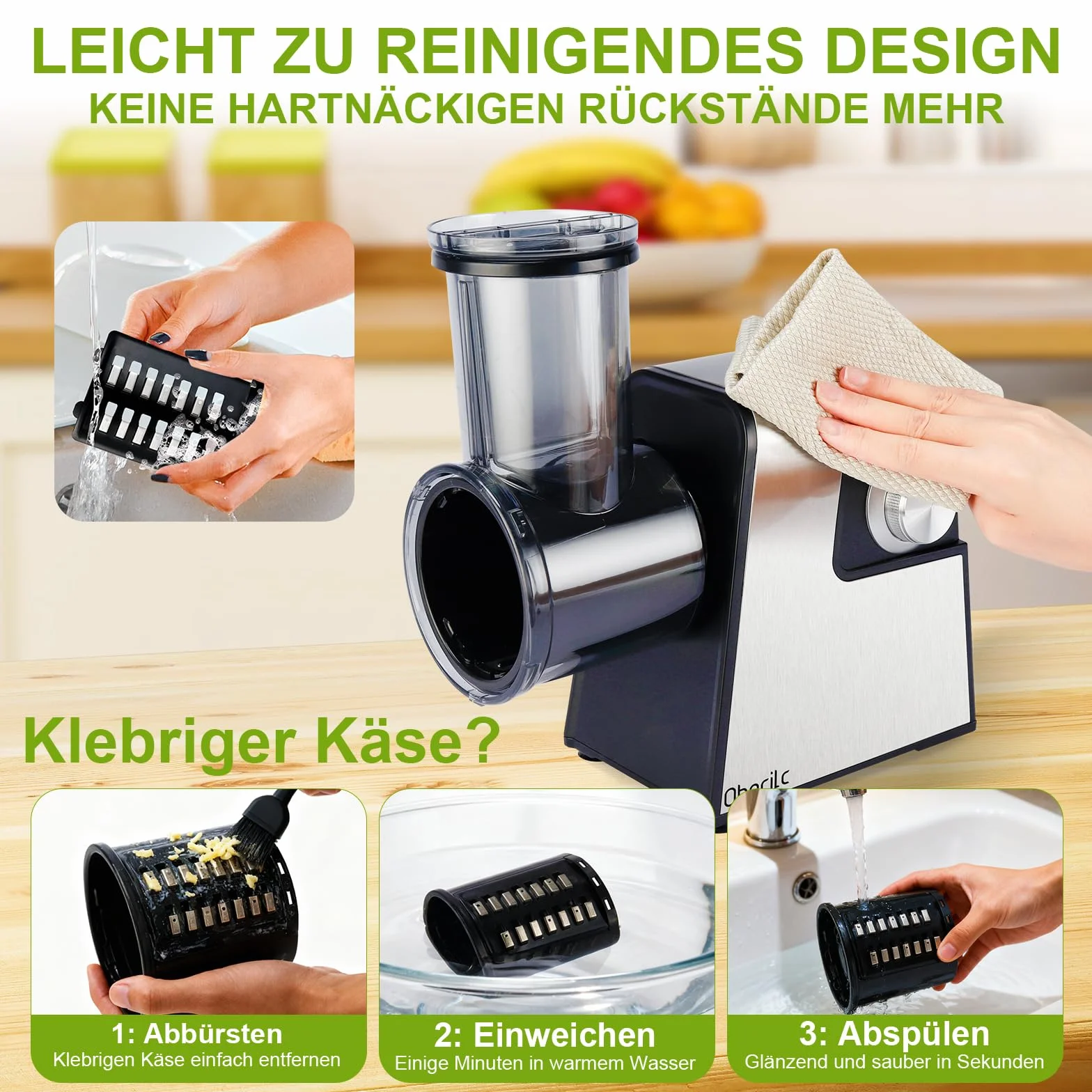 Elektrische Käsereibe für Blockkäse, elektrischer Käsereiber mit 7 Edelstahlklingen zum Schneiden, Raspeln und Zerkleinern von Gemüse, Obst und Nüssen, One-Touch-Bedienung