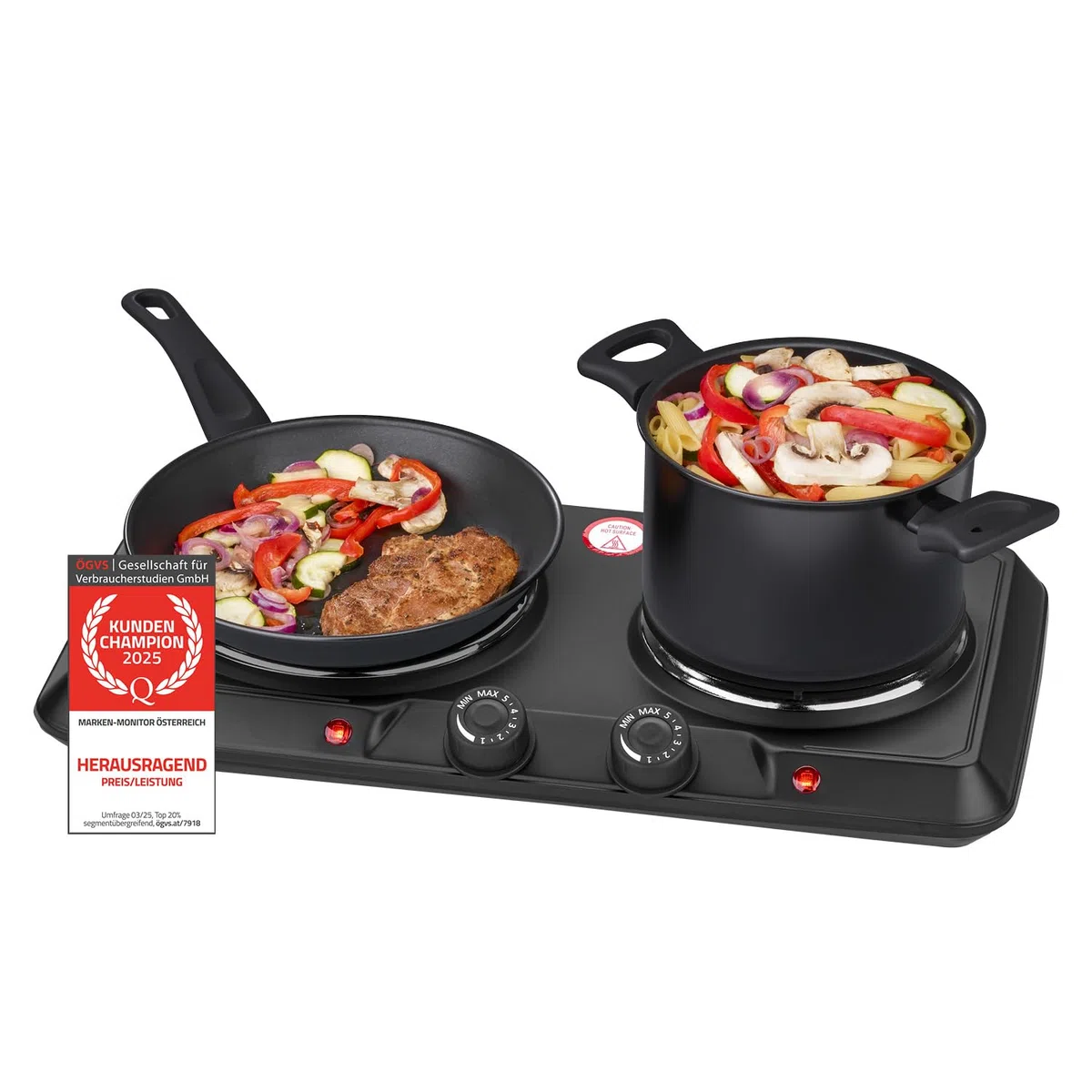 TZS First Austria - Doppelkochplatte 2500W - Gusseisen-Kochfelder 180 & 150 mm - Stufenlose Thermostatsteuerung - Mobile Herdplatte für Camping & Küche - Schwarz