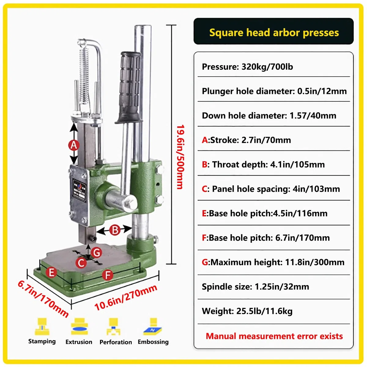 Hochleistungs-Manuell-Dornpresse, Presskupfer-Schneide- und Nähpressen, Leder-Stanzmaschine for DIY-Lederhandwerk-Lochstanzen(Square Head 320kg/700lb)
