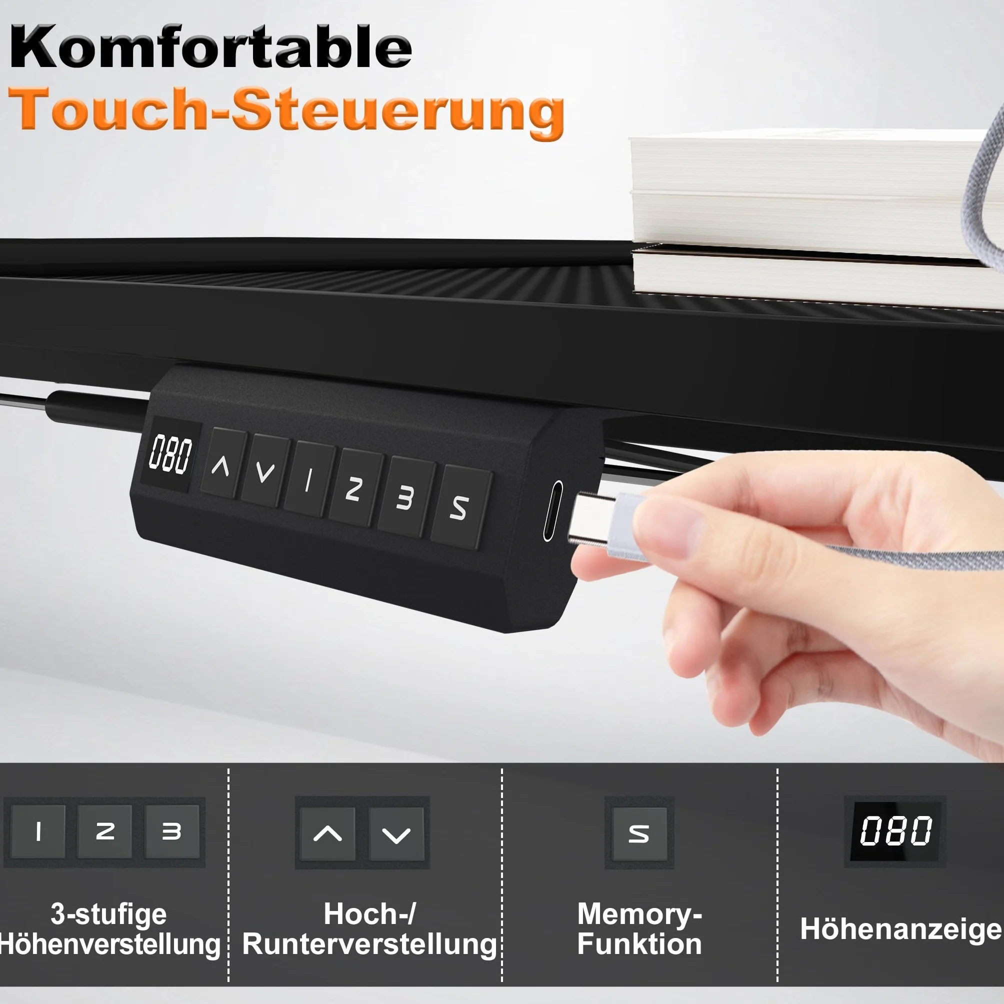 Froadp Höhenverstellbarer Schreibtisch 160x60cm Elektrischer Computertisch mit Memory-Funktion und Type C Ladeanschluss Verstellbarer Tisch Büro- und Gaming-Schreibtisch Schwarz, Tragkraft 80kg