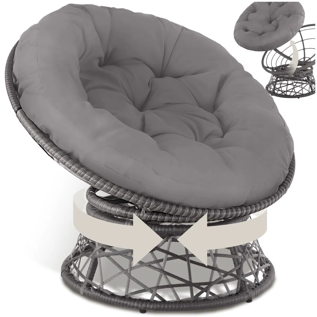 tectake® Papasansessel, gemütlicher Drehsessel mit Kissen rund, bequemer Rattansessel, Loungesessel drehbar, runder Relax Korbsessel Rattan für Wohnzimmer, Leseecke, Lounge - grau