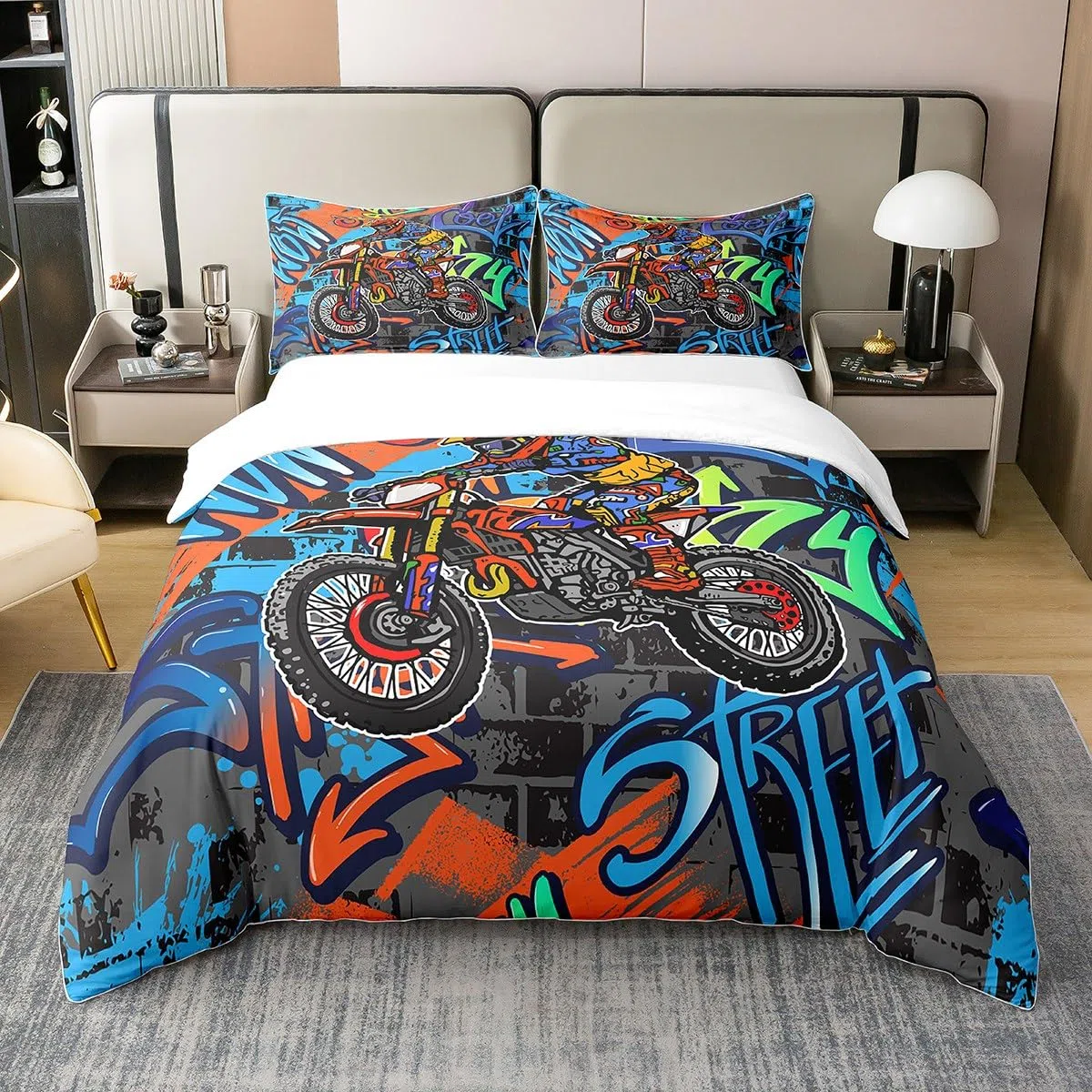 Dirt Bike 100% Baumwolle Bettbezug für Jungen Teens Männer Motorrad Bettwäsche Set 135x200 Bunte Graffiti Komfortbezug Kinder Motocross Rider Motorradfahrer Bettsets mit 1 Kissenbezug