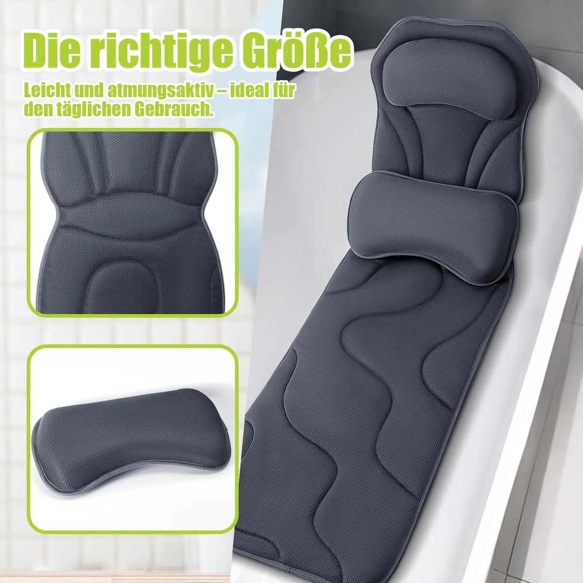 Poemland Vollkörper Badekissens für Badewanne - Luxuriöses Badewannenkissen für Rücken, Kopf und Nacken, Schnell-Trocknendes Badkissen