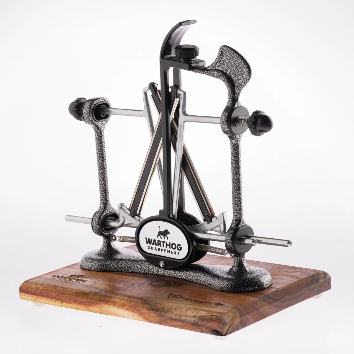 Warthog Sharpeners V-Sharp A4 ELITE Messerschärfer Anthrazit, mit 4 verschiedenen Schleifwinkel – hochwertigem Holzstandfuß - Messerschleifer für Jagdmesser, Küchenmesser, Schnitzmesser, uvm.