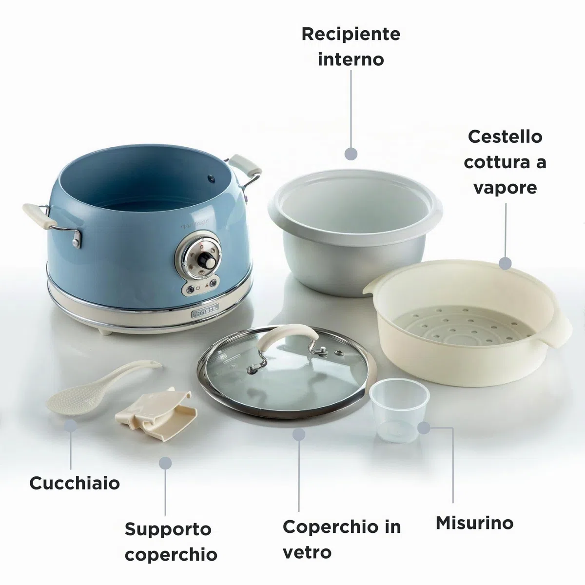 Ariete 2904 Vintage Rice Cooker, Reiskocher Slow Cooker, Dampfgarer, Vintage-Linie, 3,5 l, antihaftbeschichtete Keramikbeschichtung, 650 W, Pastellblau