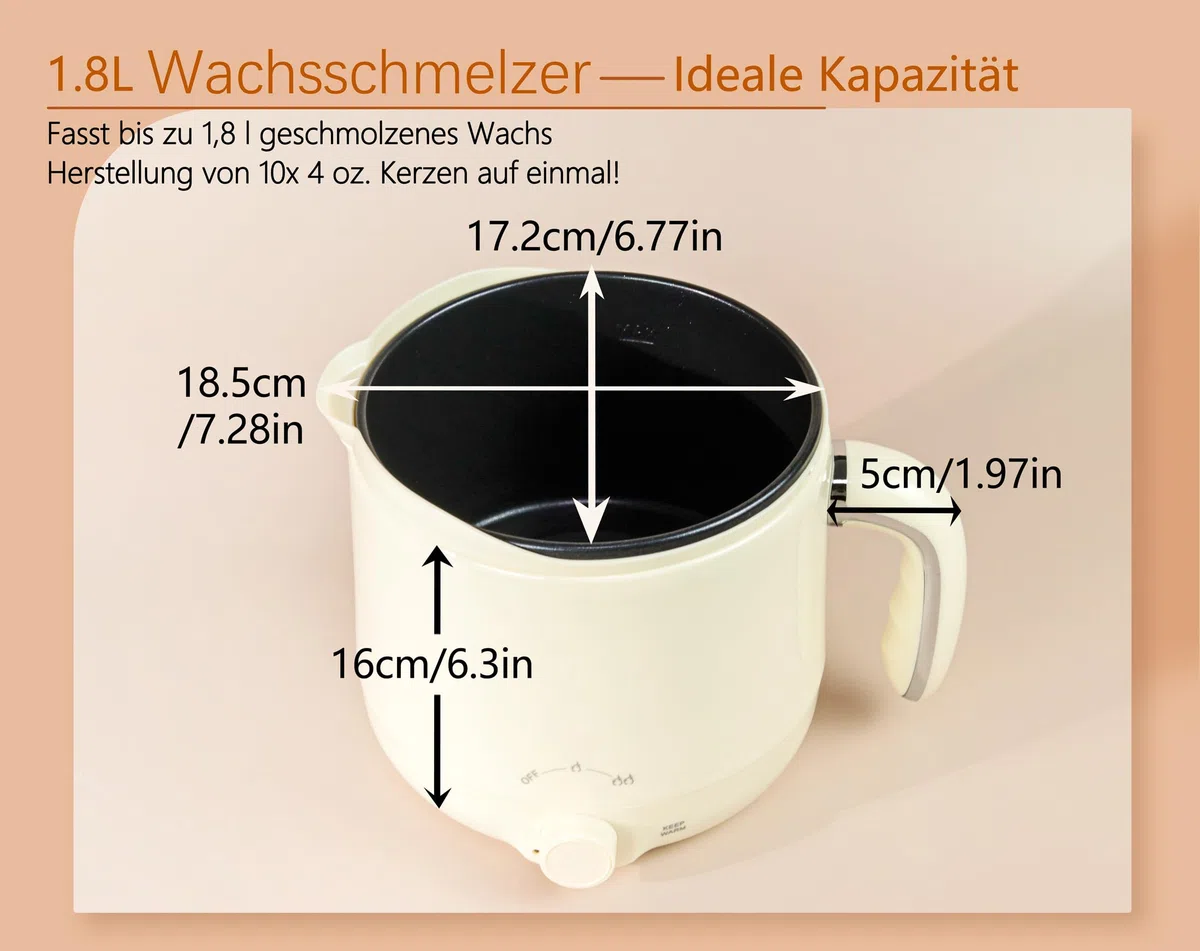 JULWHISPER 1,8L Wachsschmelzer für Kerzenherstellung mit Ausgießvorrichtung | EU Stecker, 1800ml großes Fassungsvermögen, Thermometer, Dochte, Zentriervorrichtung, Rührlöffel inklusive