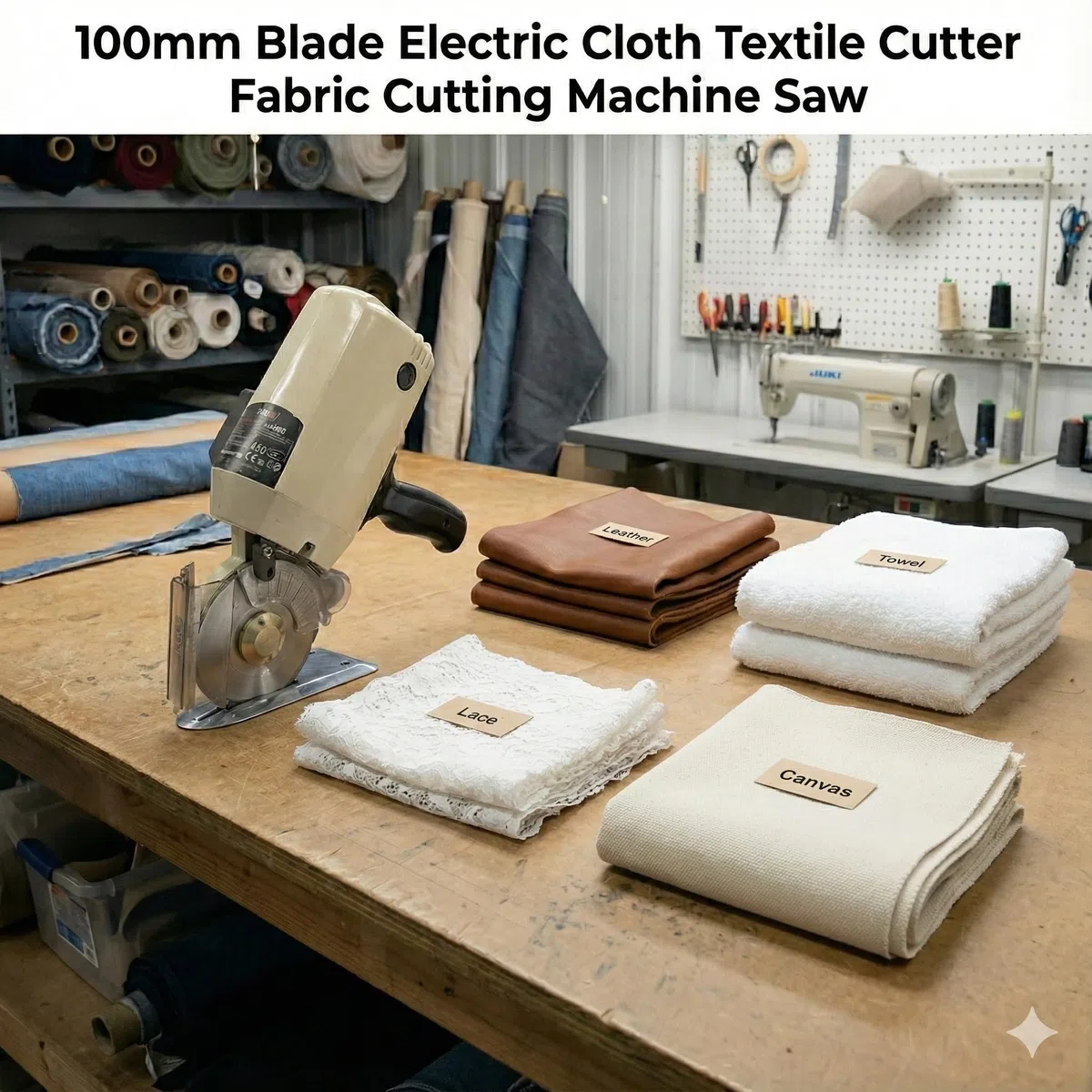KATSU Elektrischer Industrieller Stoffschneider 220V 200W, Klingengröße 100mm und 25mm Maximale Schnittdicke, Ideal für Stoff Textil-Lederpapier, mit Ersatzklinge 103915