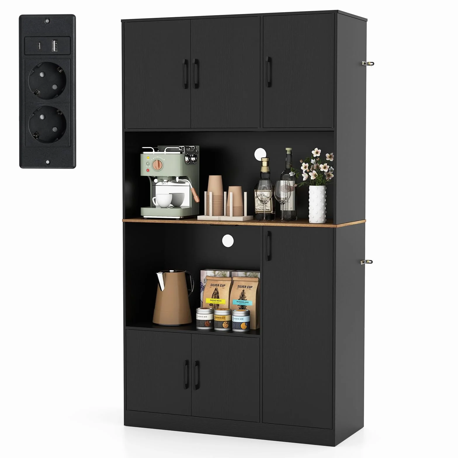 COSTWAY Küchenschrank Holz, Buffetschrank mit Steckdose, Hochschrank mit Türen & Arbeitsplatte, Vorratsschrank Aufbewahrungsschrank, für Küche & Wohnzimmer, 100 x 40 x 180 cm (Schwarz)