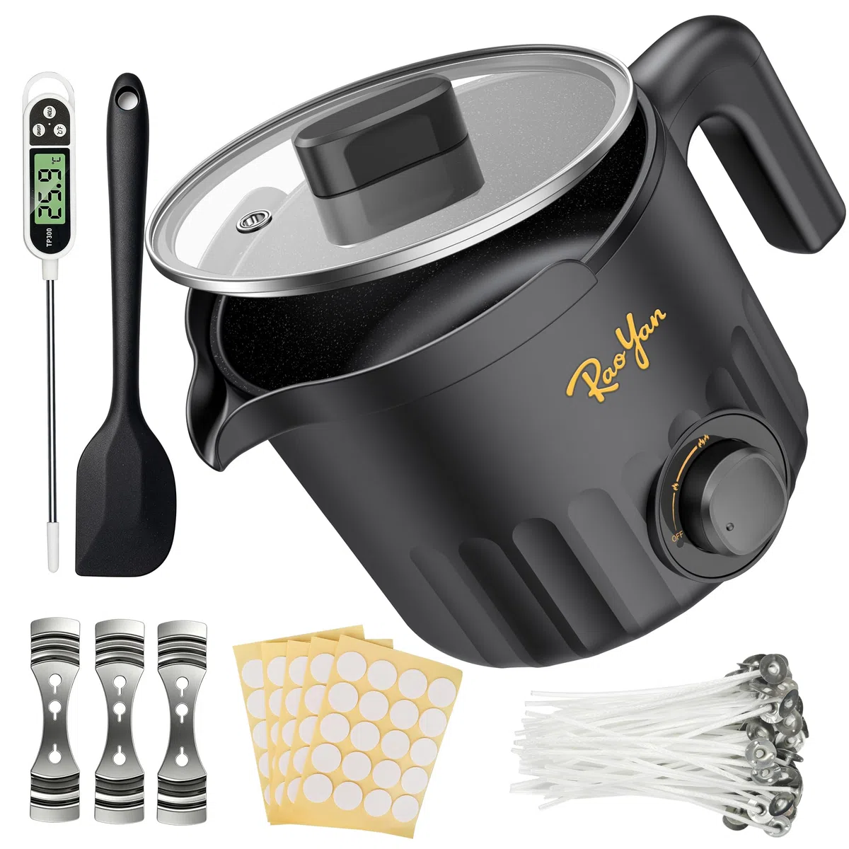 RAOYAN Wachsschmelzer mit Ausgießer 1,5L – Kerzen selber machen Set für Anfänger & Erwachsene, inkl. Wachsschmelztopf, Rührlöffel, Thermometer, Dochte, Aufkleber & Zentriervorrichtung - Schwarz