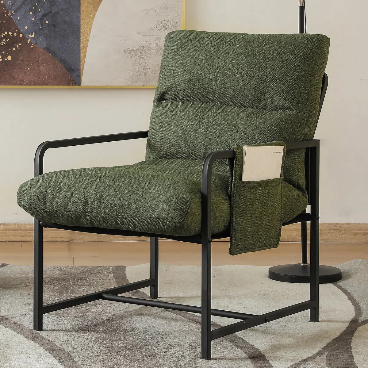 Mingone Sessel Loungesessel Stuhl mit Armlehnen Polstersessel mit Metallrahmen Moderner Loungesessel für Schlafzimmer, 136 kg belastbar. (Grün)
